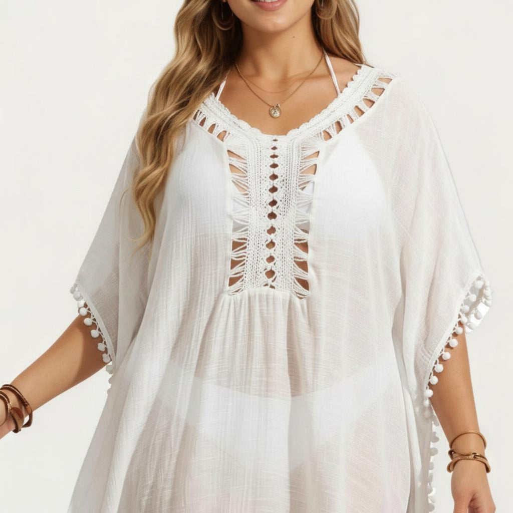Anna-Kaci Women's Swim Cover Up Dress with Crochet Cutout Neckline Pom Trim Hem Loose Short Sleeves Relaxed Fit