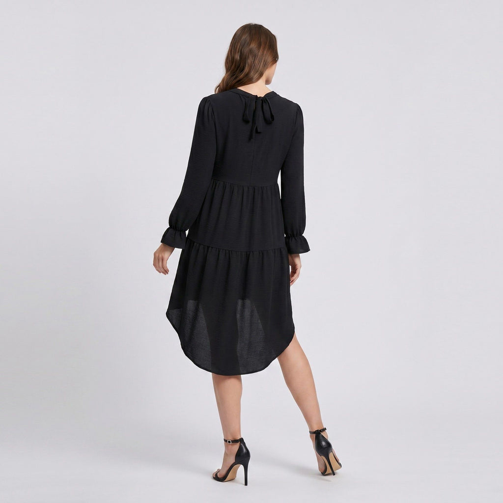 Anna-Kaci Women's Maternity V Neck High Low Mini Dress with Long Sleeves and Tiered Hem