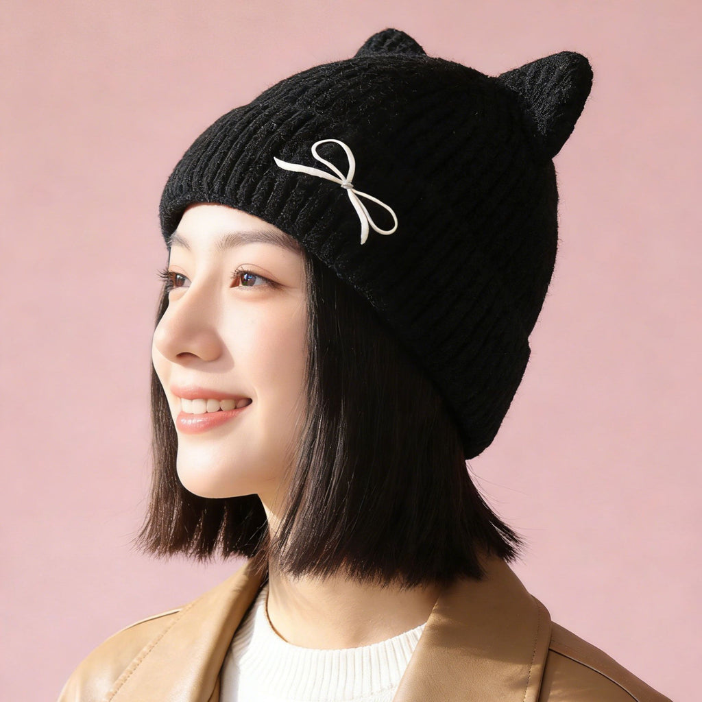 Anna-Kaci Women's Cat Ear Knit Beanie - Fluffy Faux Fur Hat with Bow Embroidery