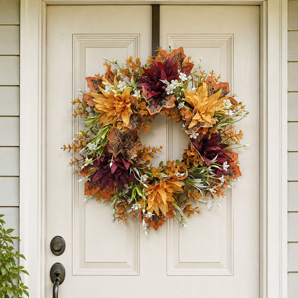 Fall Pumpkin Floral Wreath with Maple Leaves for Front Door Decor