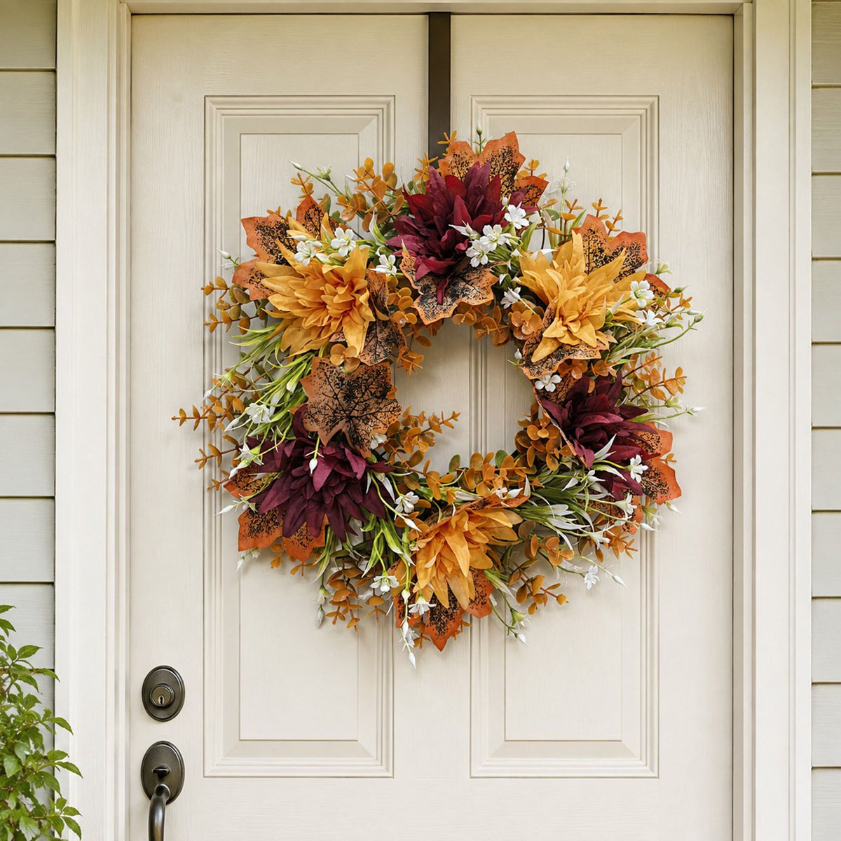 Fall Pumpkin Floral Wreath with Maple Leaves for Front Door Decor