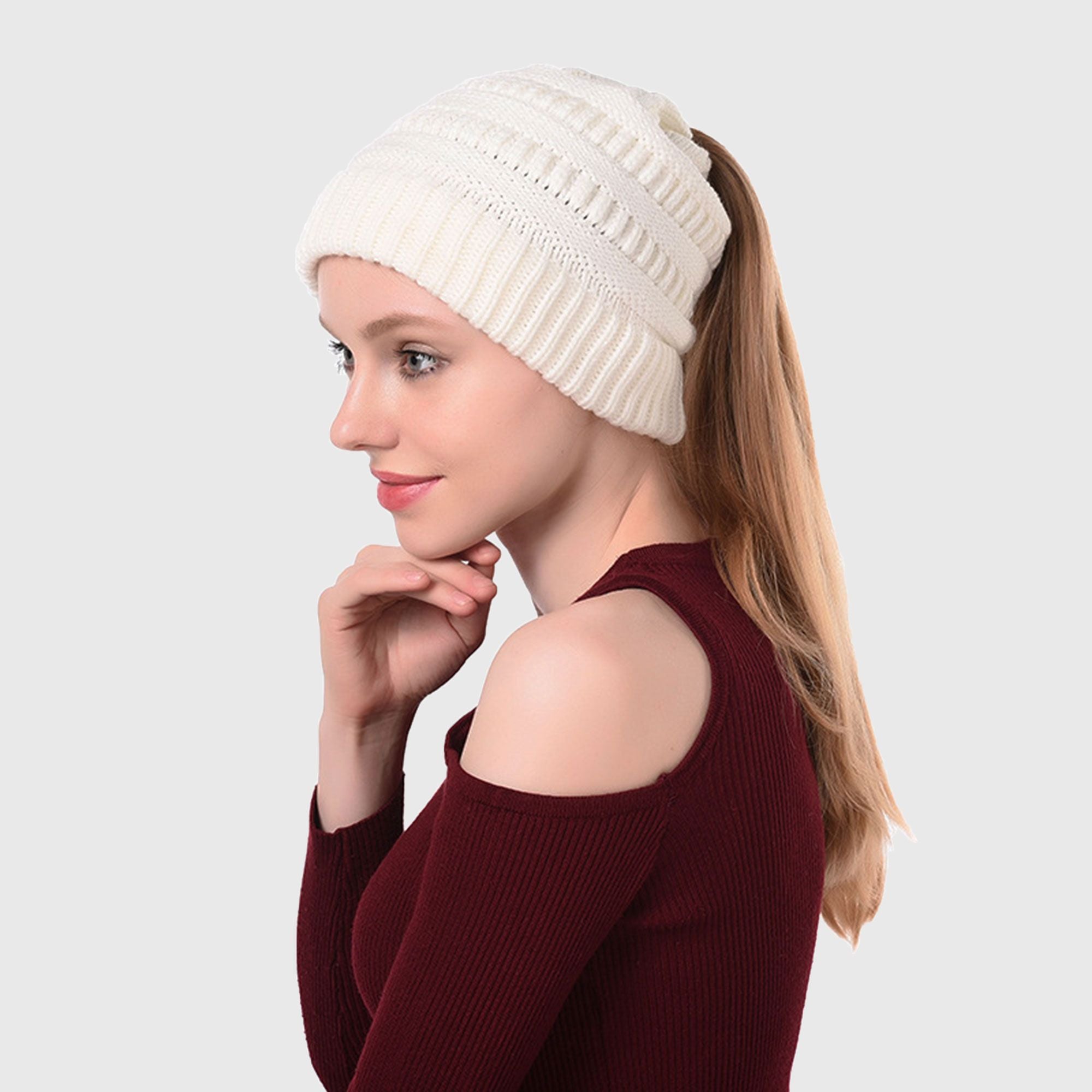 Anna-Kaci Women's Ponytail Beanie Hats - Acrylic Knit Stretchable Messy Bun Skull Cap for Winter & Casual Wear