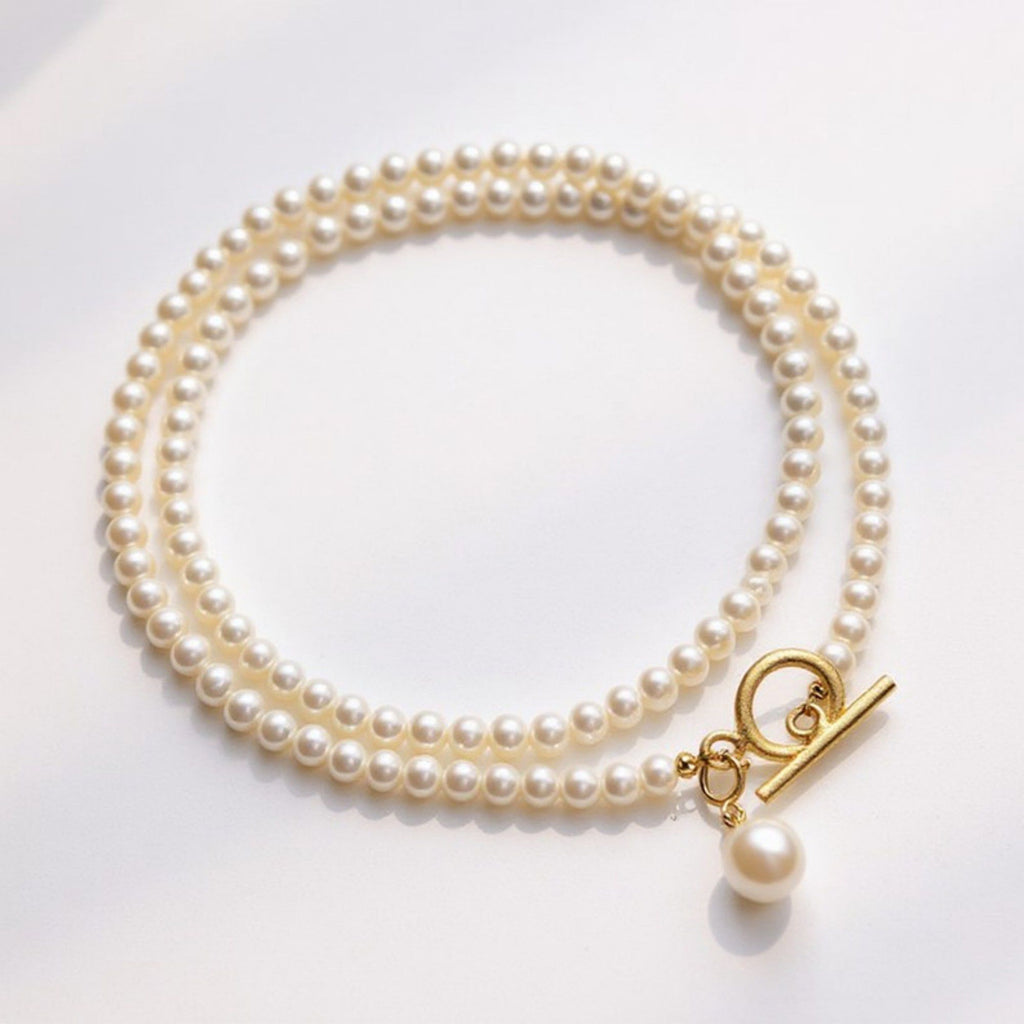 Women's Pearl Beaded Necklace with Front Toggle Clasp and Drop Pearl Pendant