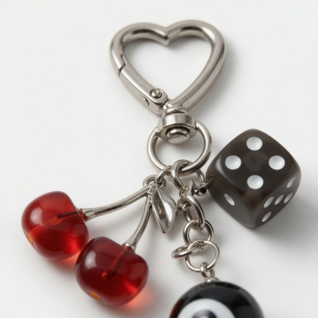 8 Ball Cherry Dice Charm Keychain with Heart Clip Novelty Bag Charm Key Ring Accessory