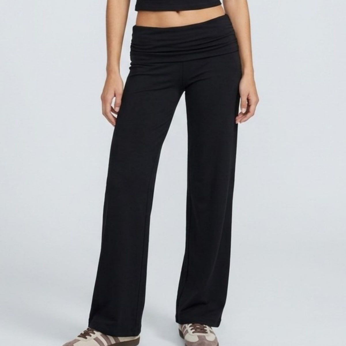 Foldover Waistband Full-Length Wide-Leg Trousers