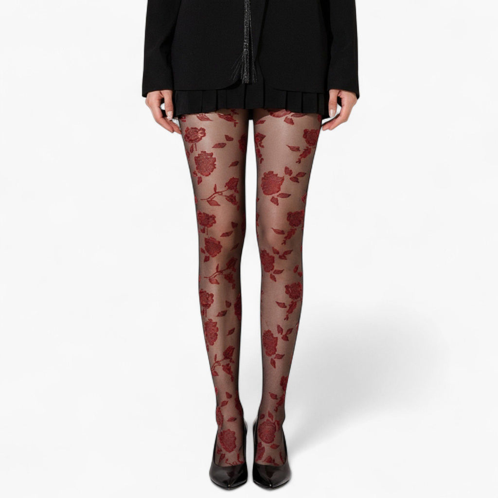Anna-Kaci Women's Sheer Floral Pattern Tights with Bold Rose Motif and Stretch Mesh Design