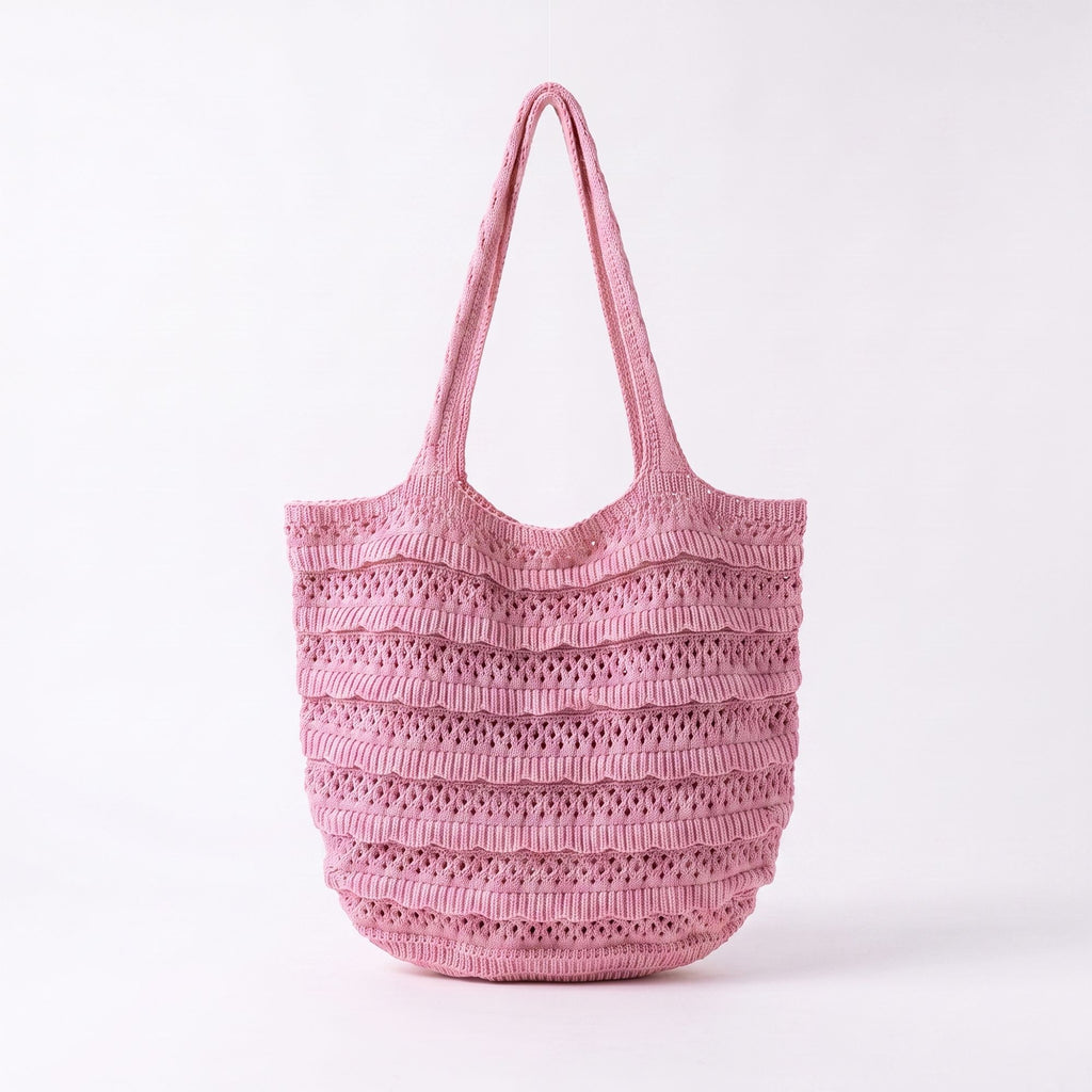 Crochet Knit Tote Bag with Openwork Ruffle Design and Long Handles