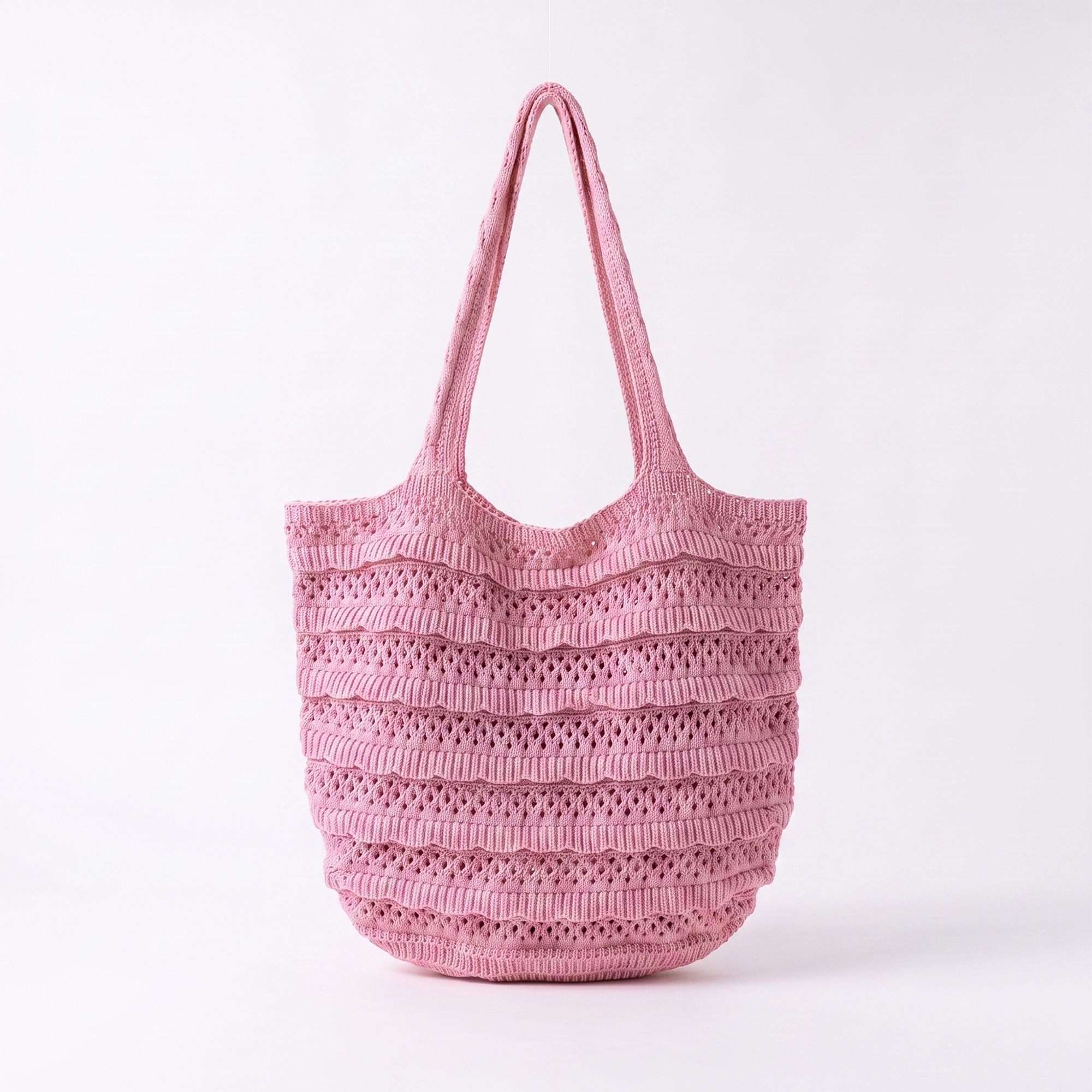 Crochet Knit Tote Bag with Openwork Ruffle Design and Long Handles
