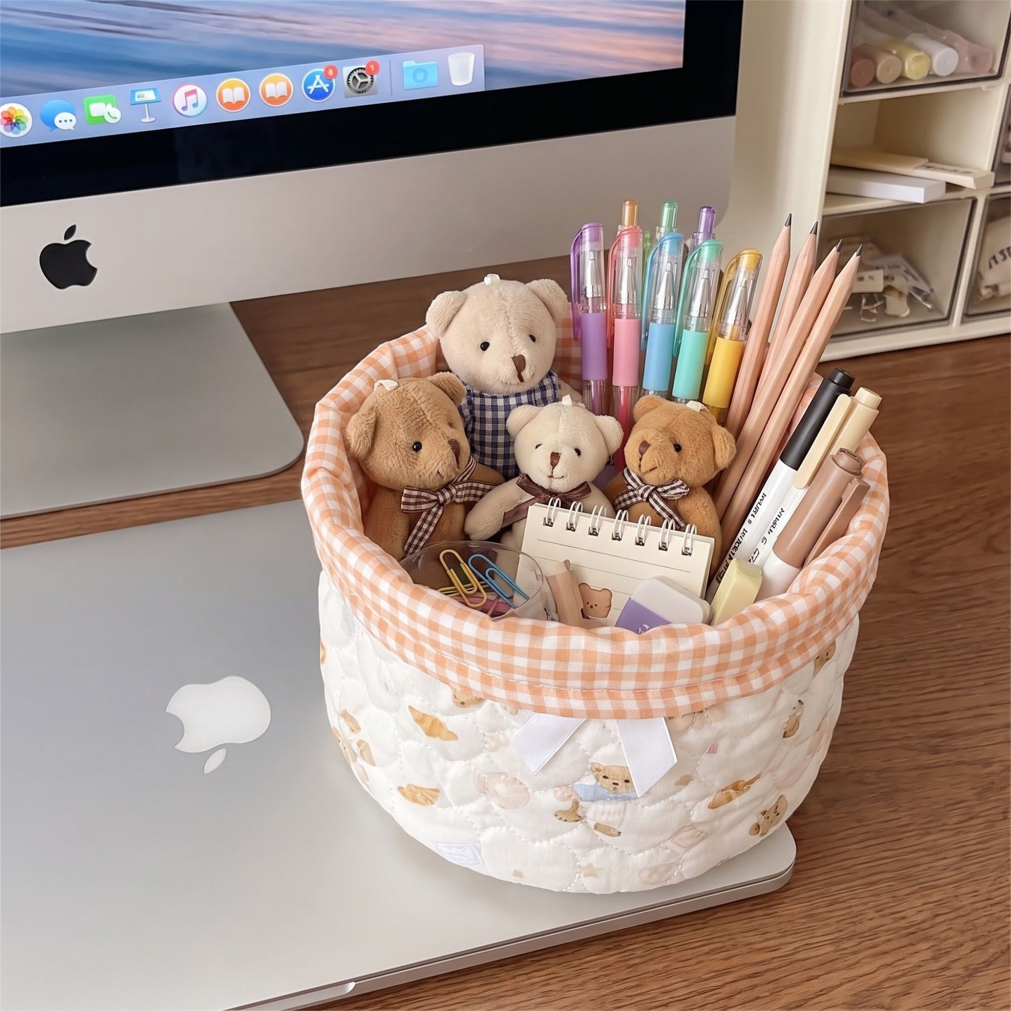 Quilted Round Fabric Storage Basket with Bow and Lace Trim