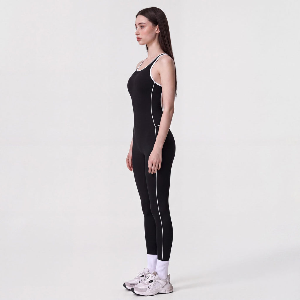 Sleeveless One Piece Active Jumpsuit with Contrast Piping Scoop Neck and Full Length Legging Fit
