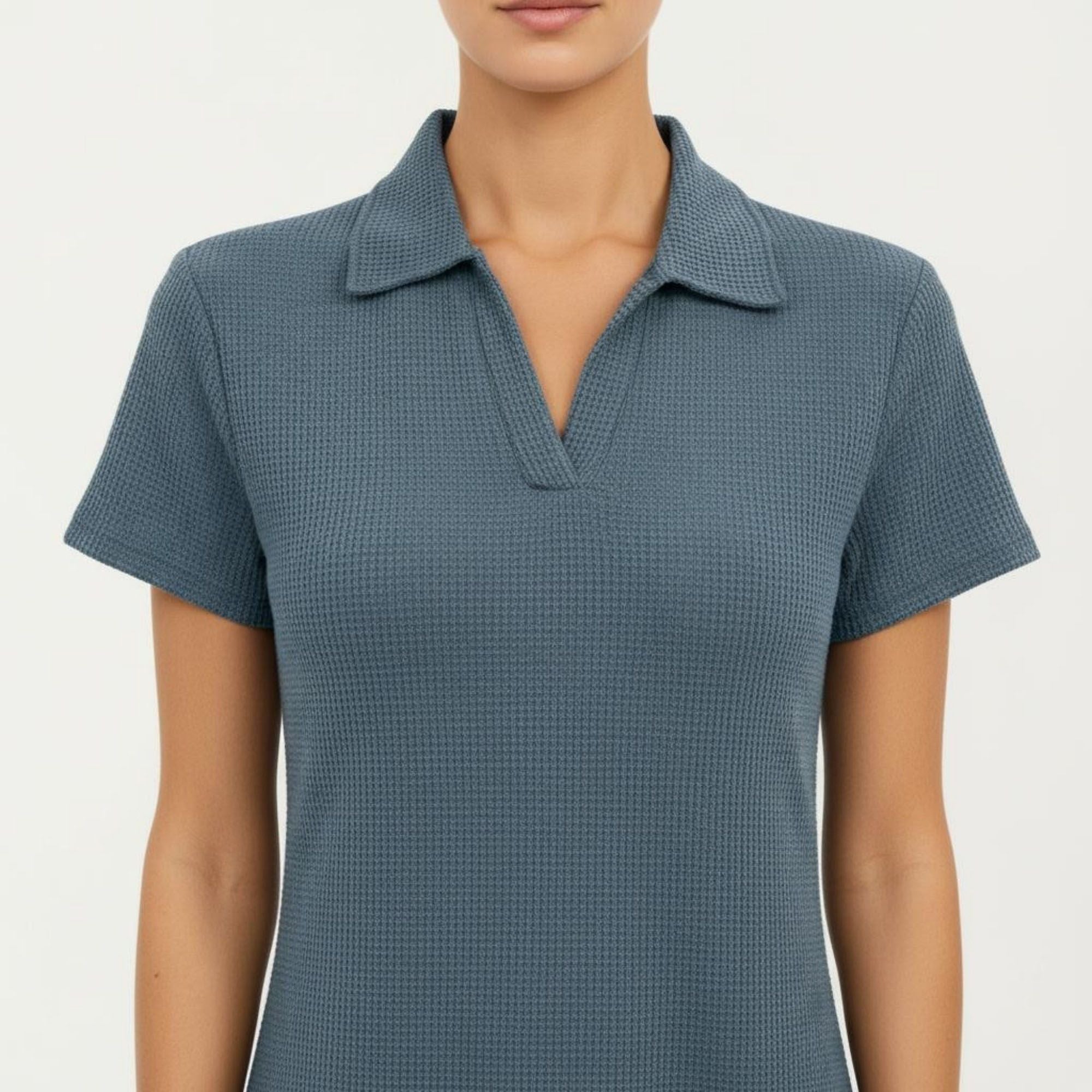 Anna-Kaci Women's Short Sleeve Collared Mini Dress with Split V Neck Textured Knit Relaxed Fit Casual Dress