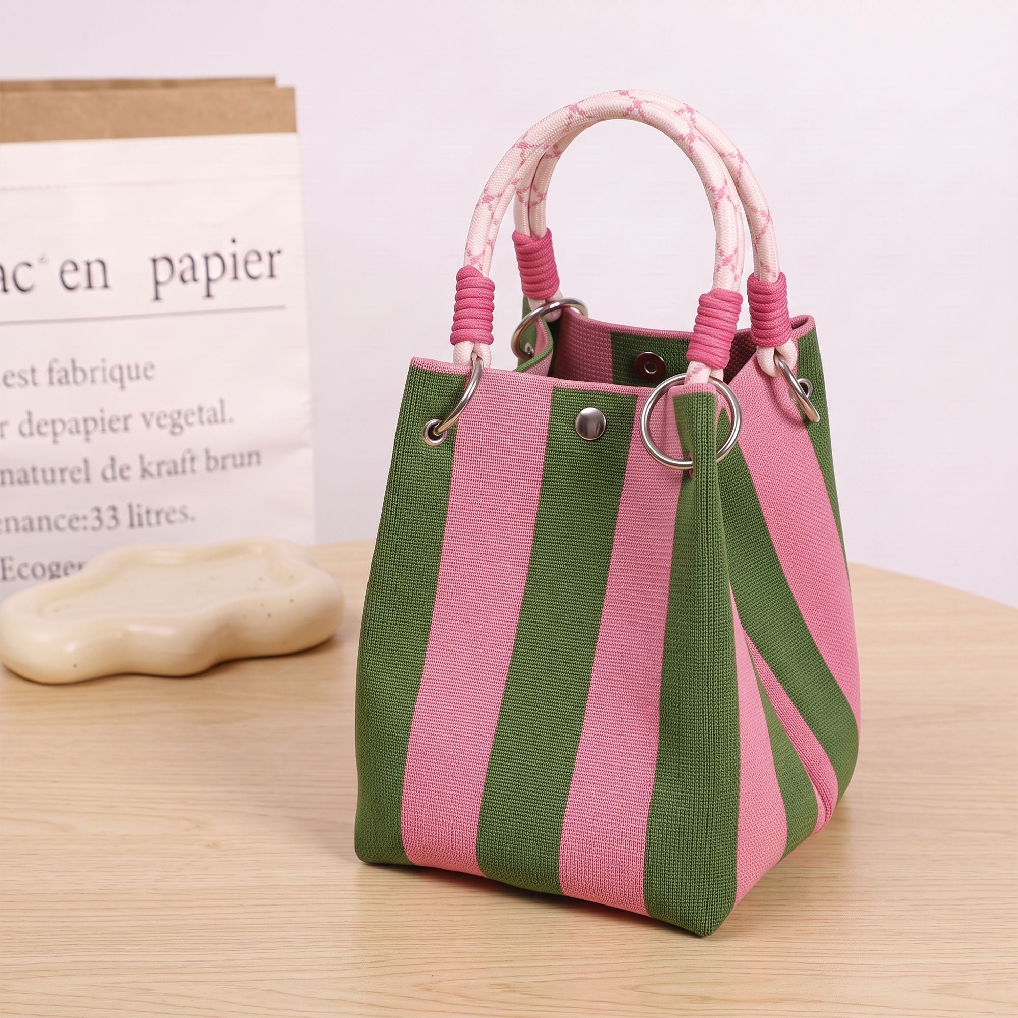 Small Striped Knit Bucket Bag with Rope Handles and Snap Closure