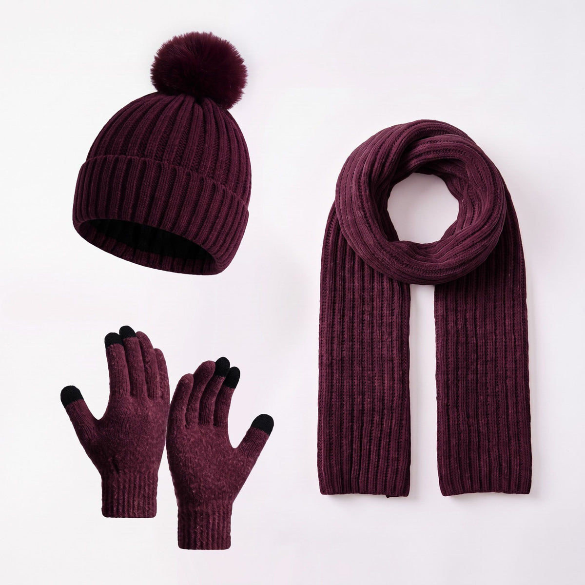 3 Piece Pom Beanie Scarf and Touchscreen Gloves Winter Set