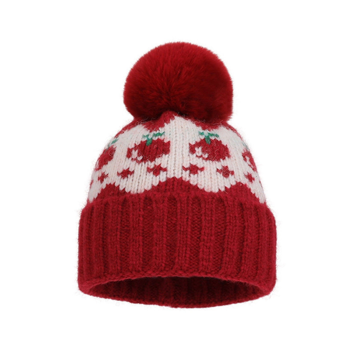 Fair Isle Pom Pom Knit Beanie with Ribbed Cuff Winter Hat