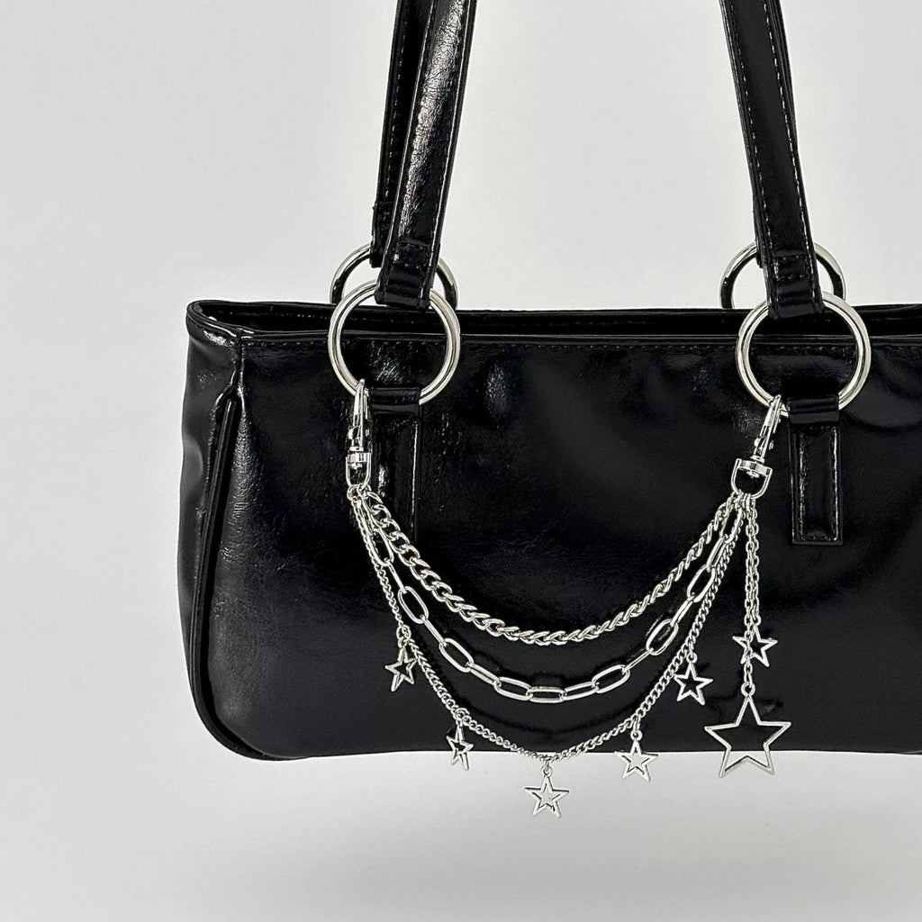 Star Chain Bag Charm with Layered Silver Tone Chains Clips and Hanging Star Pendants