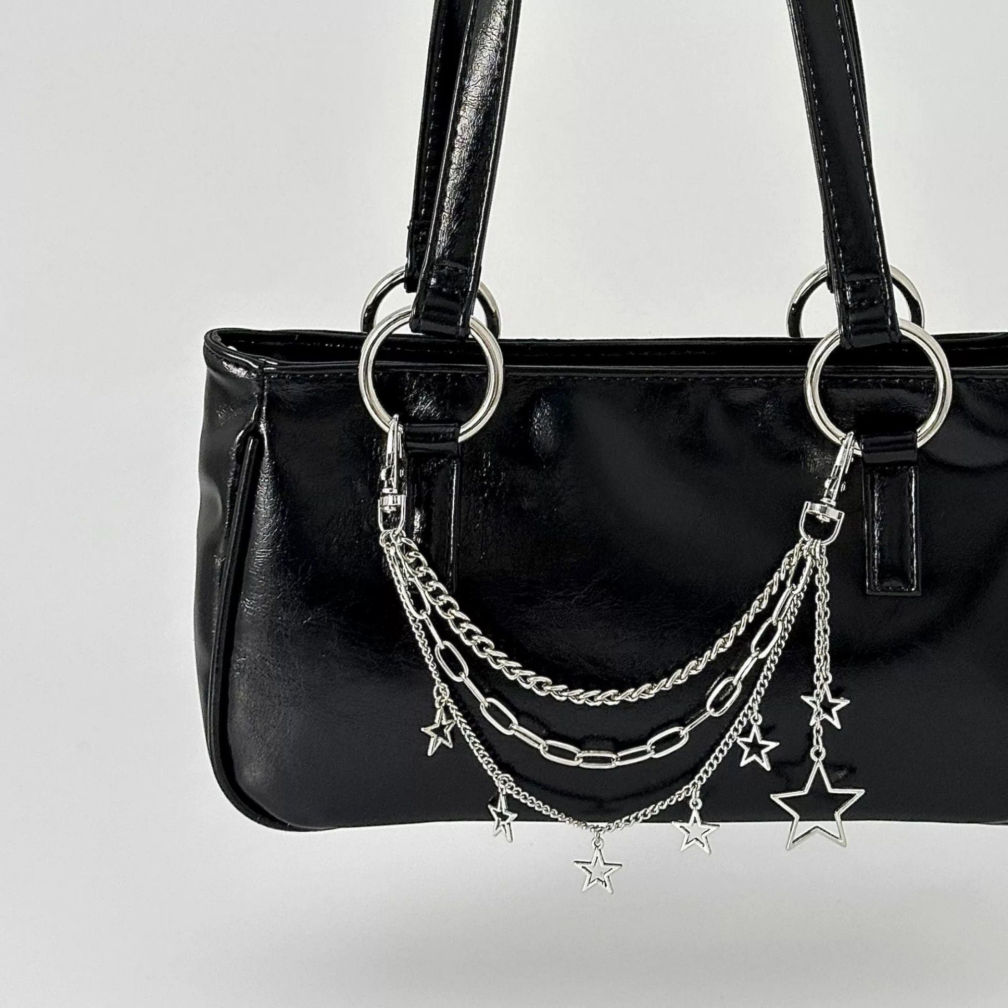 Star Chain Bag Charm with Layered Silver Tone Chains Clips and Hanging Star Pendants