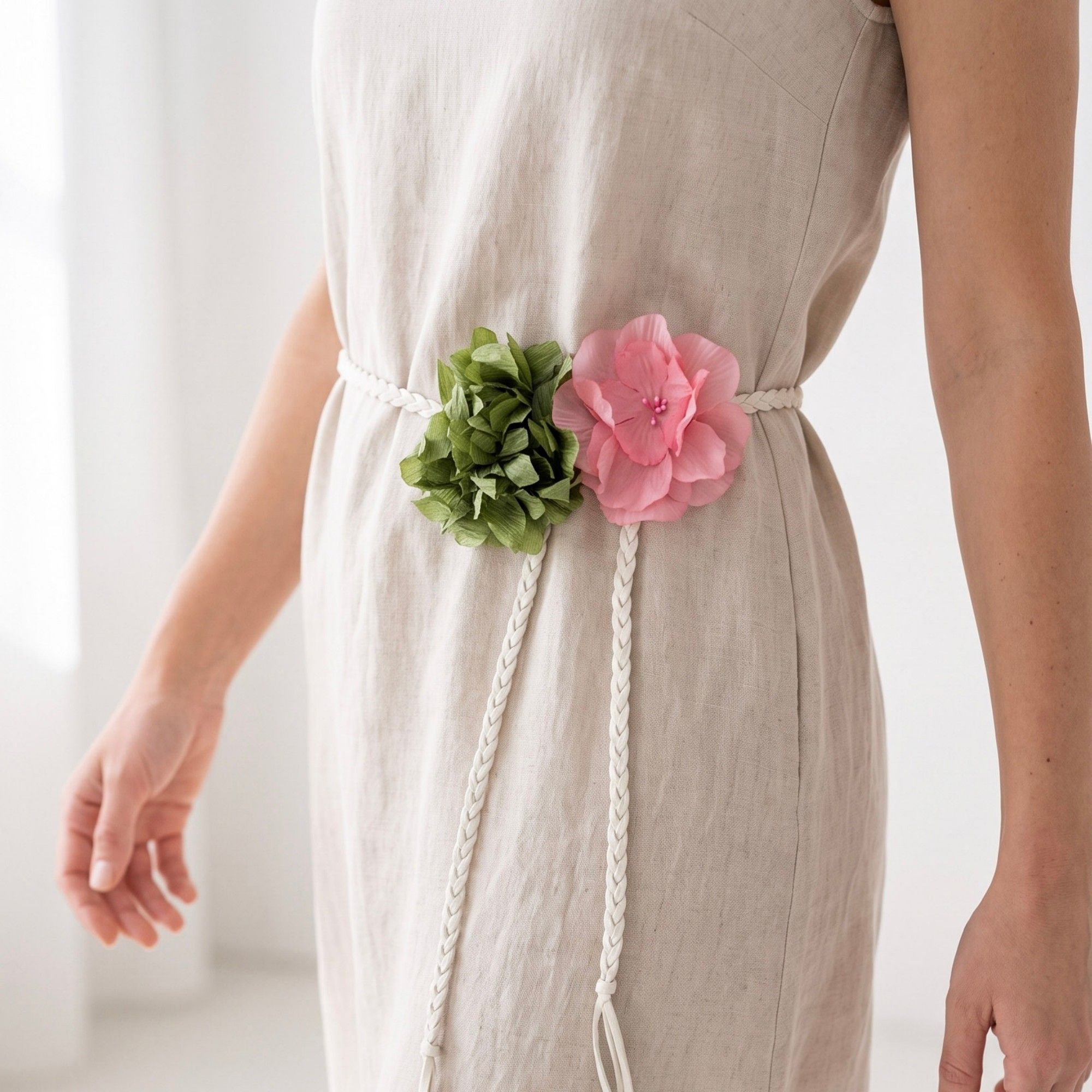 Dual Fabric Flower Braided Wrap Waist Belt Adjustable Floral Statement Waist Jewelry 43.3in
