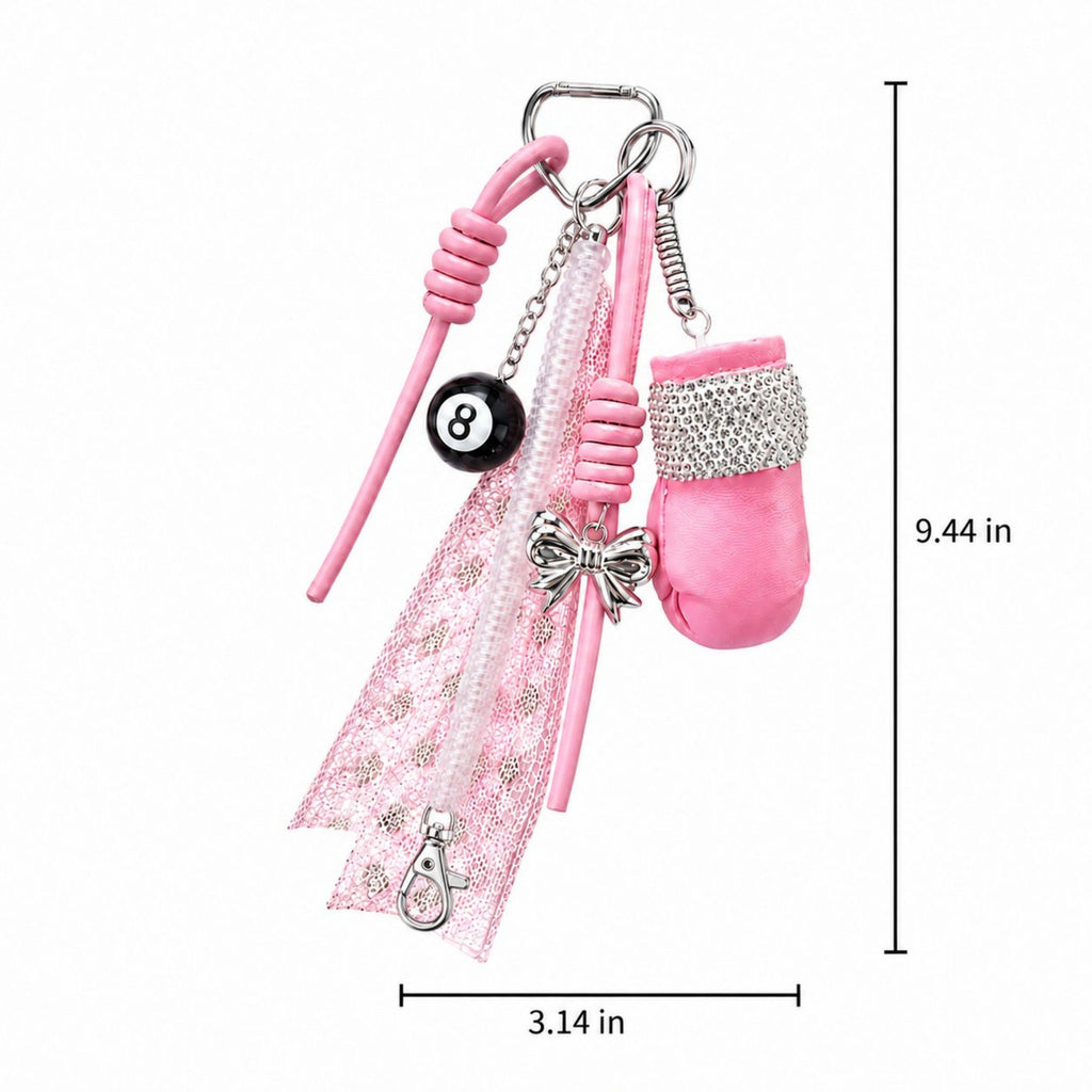 Boxing Glove Keychain Bag Charm with 8 Ball Accent Lace Ribbon and Clip