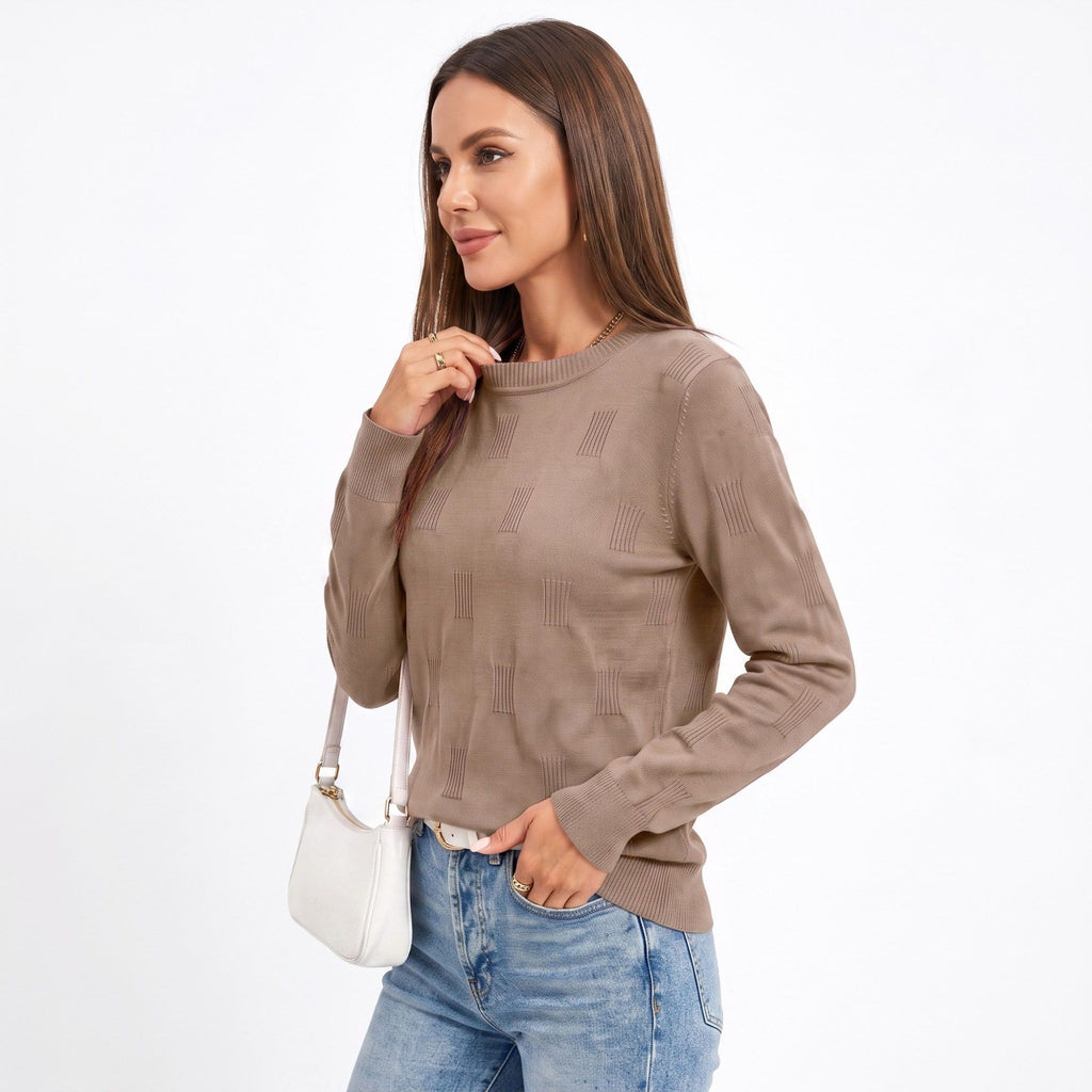 Textured Geometric Crew Neck Long Sleeve Knit Sweater