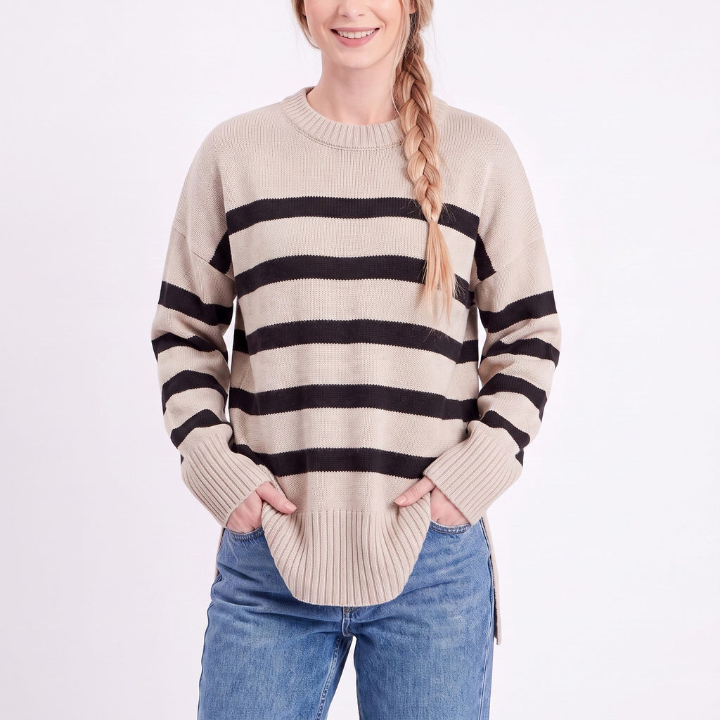 Oversized Striped Crewneck Side Slit Tunic Sweater