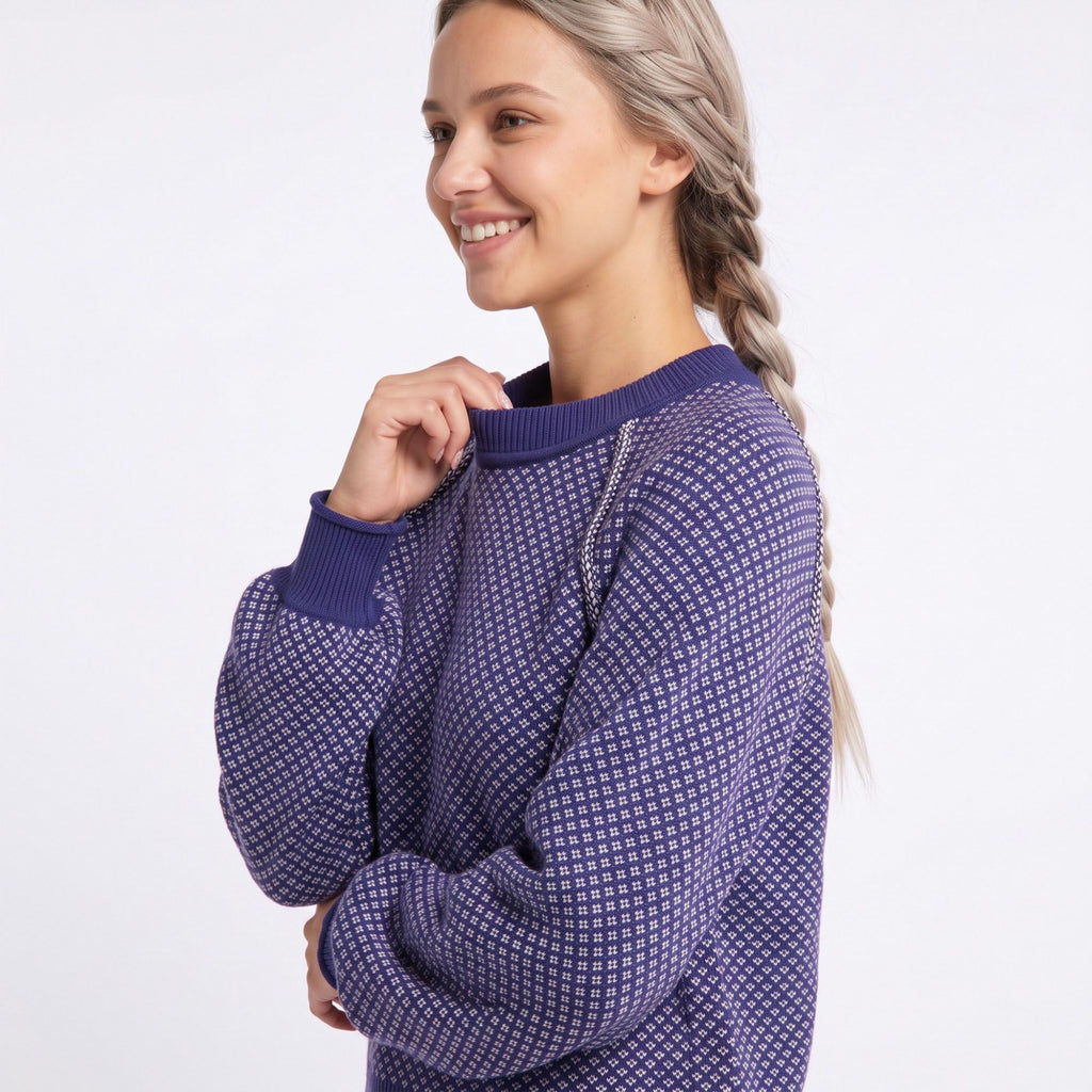 Patterned Crewneck Knit Sweater with Chain Accent