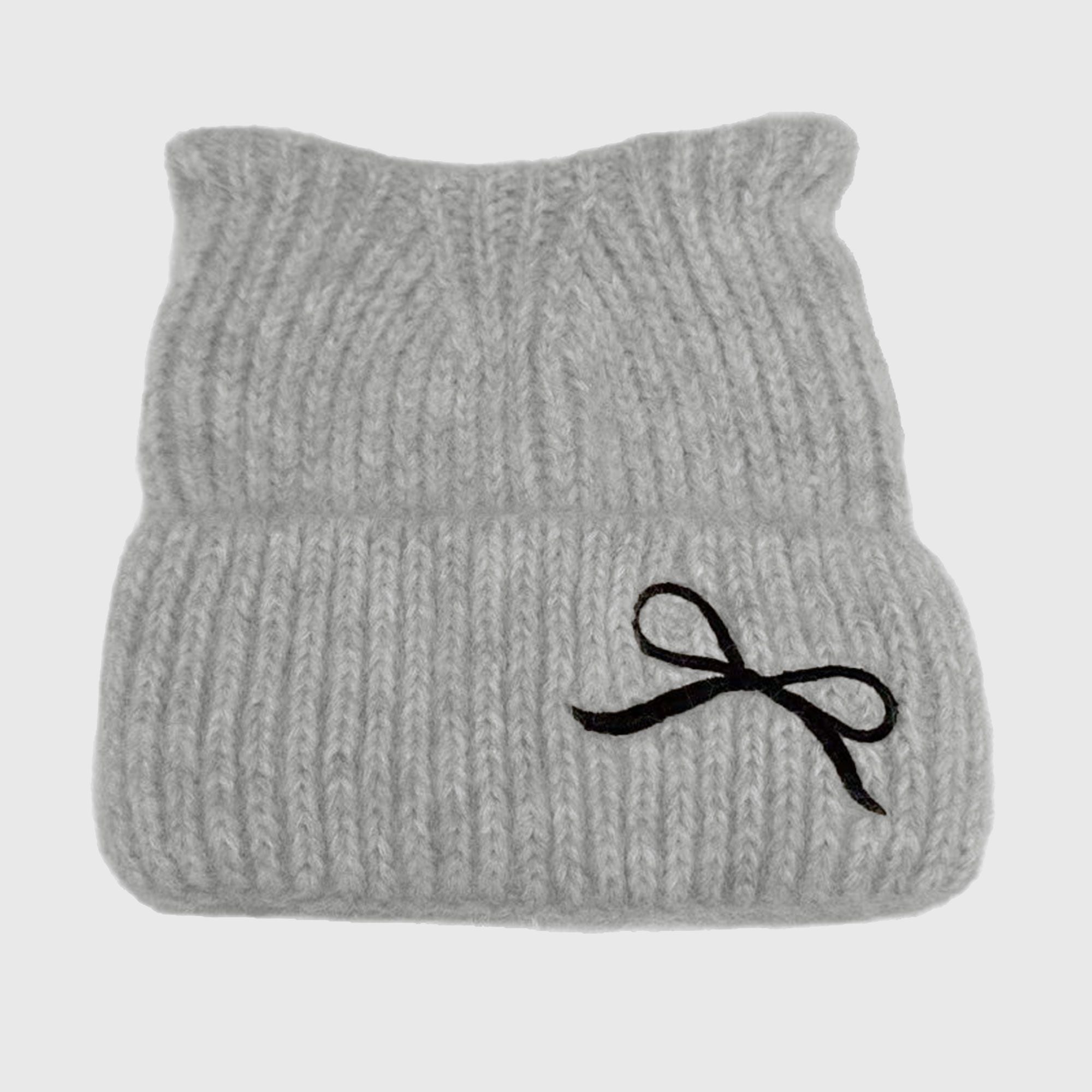 Anna-Kaci Women's Cat Ear Knit Beanie - Fluffy Faux Fur Hat with Bow Embroidery