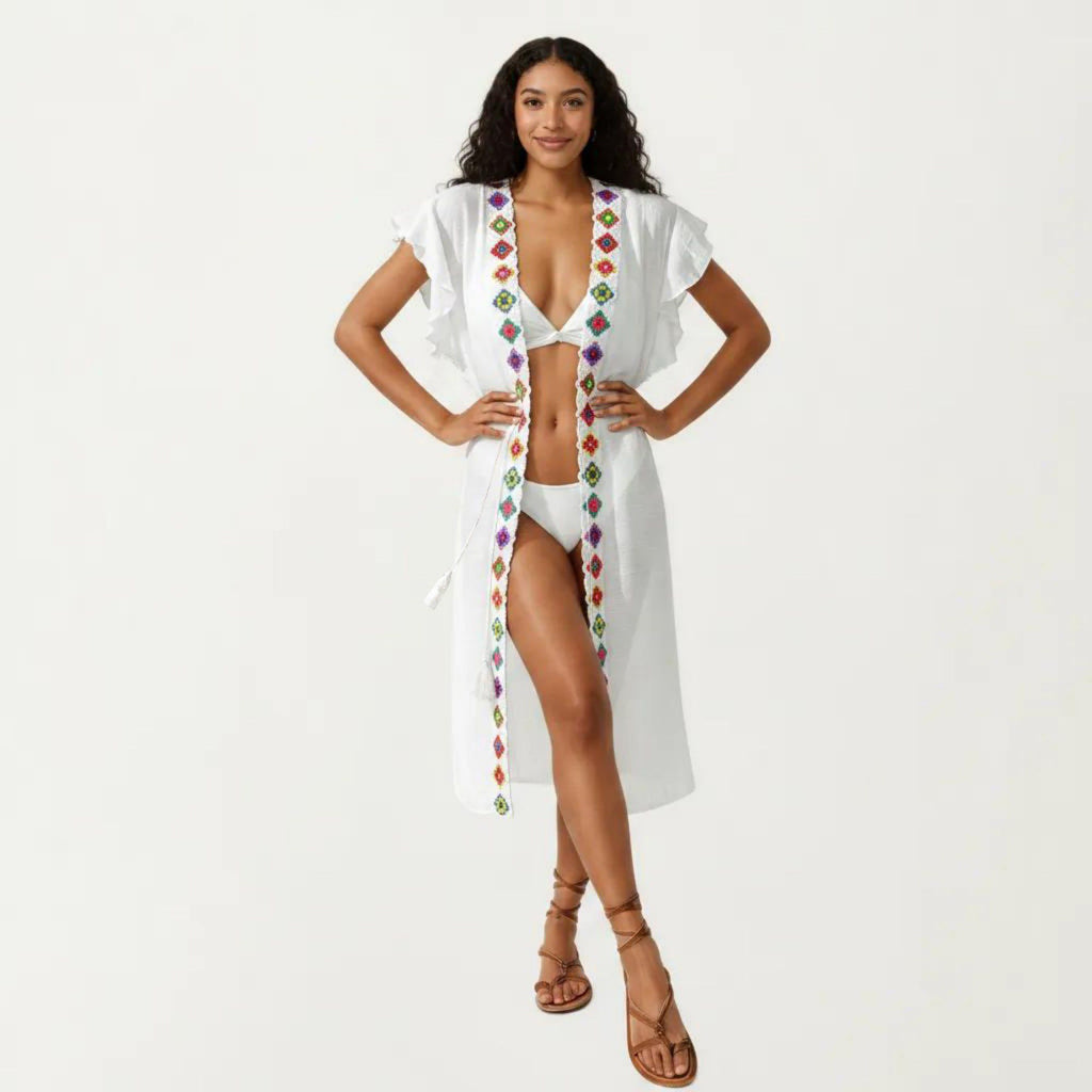Anna-Kaci Women's Embroidered Open Front Swim Cover Up Kimono Midi Beach Cardigan with Tassel Tie Detail