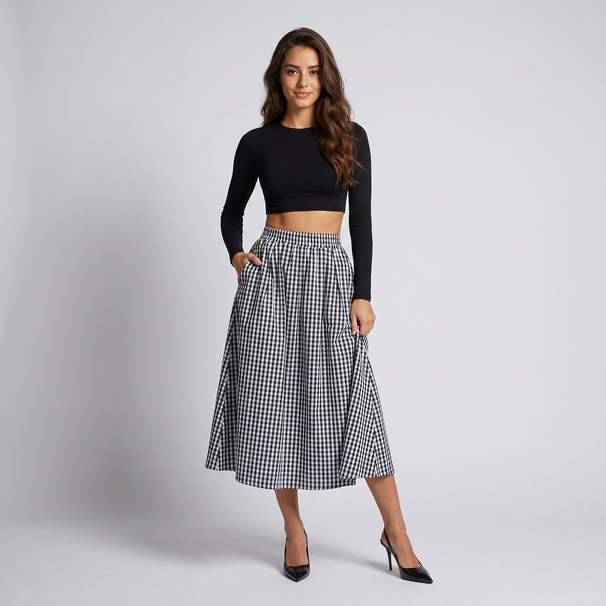 Gingham Midi Skirt with Smocked Waistband, Gathered A-Line Shape and Side Pockets