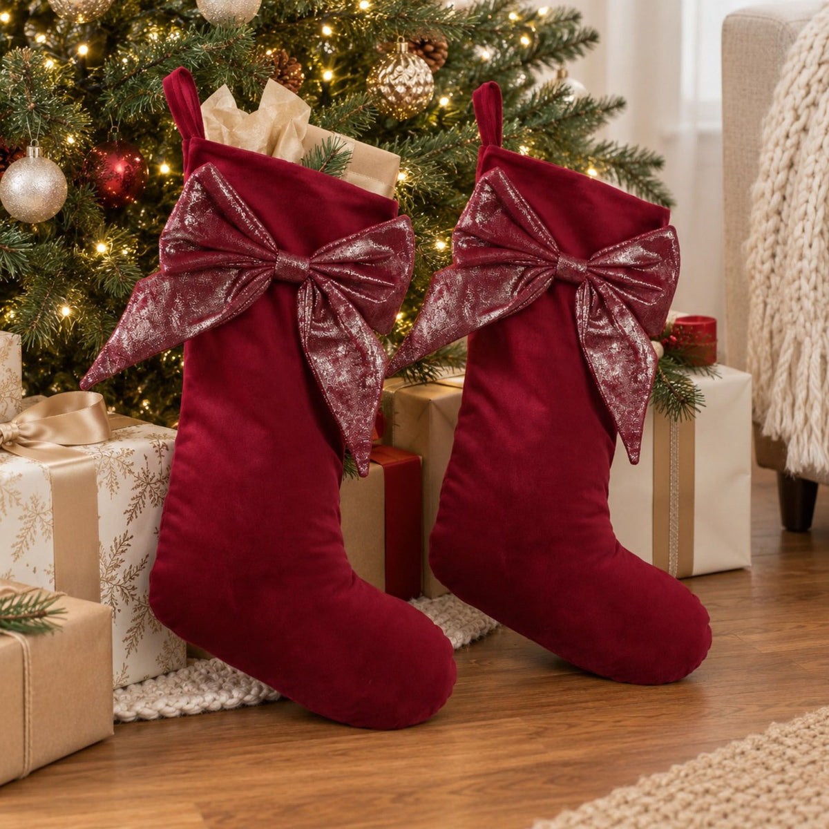 2 Pack 18 Inch Christmas Stockings with Oversized Bow Hanging Loop Holiday Mantel Decor