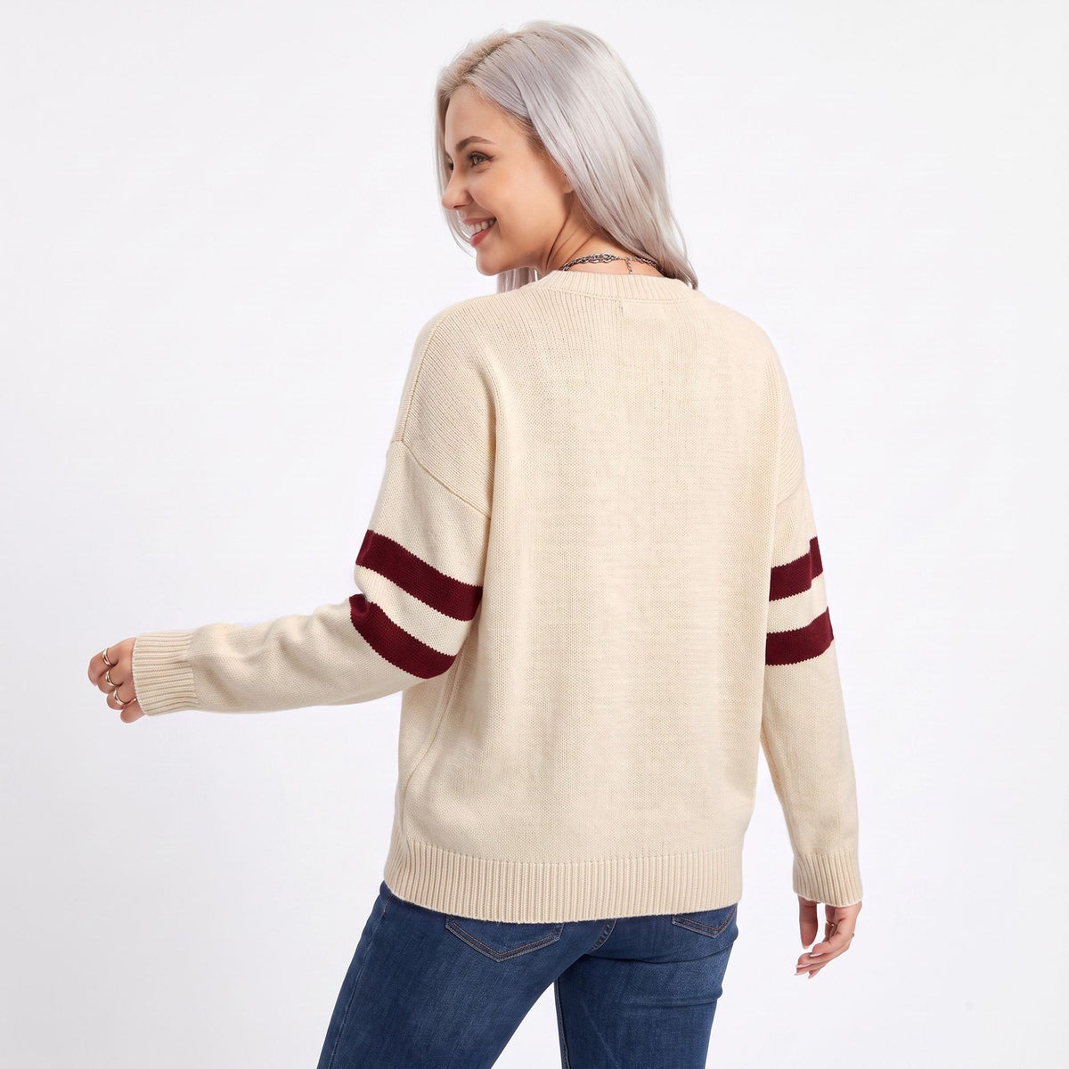 Star Graphic Striped Sleeve Crewneck Knit Sweater