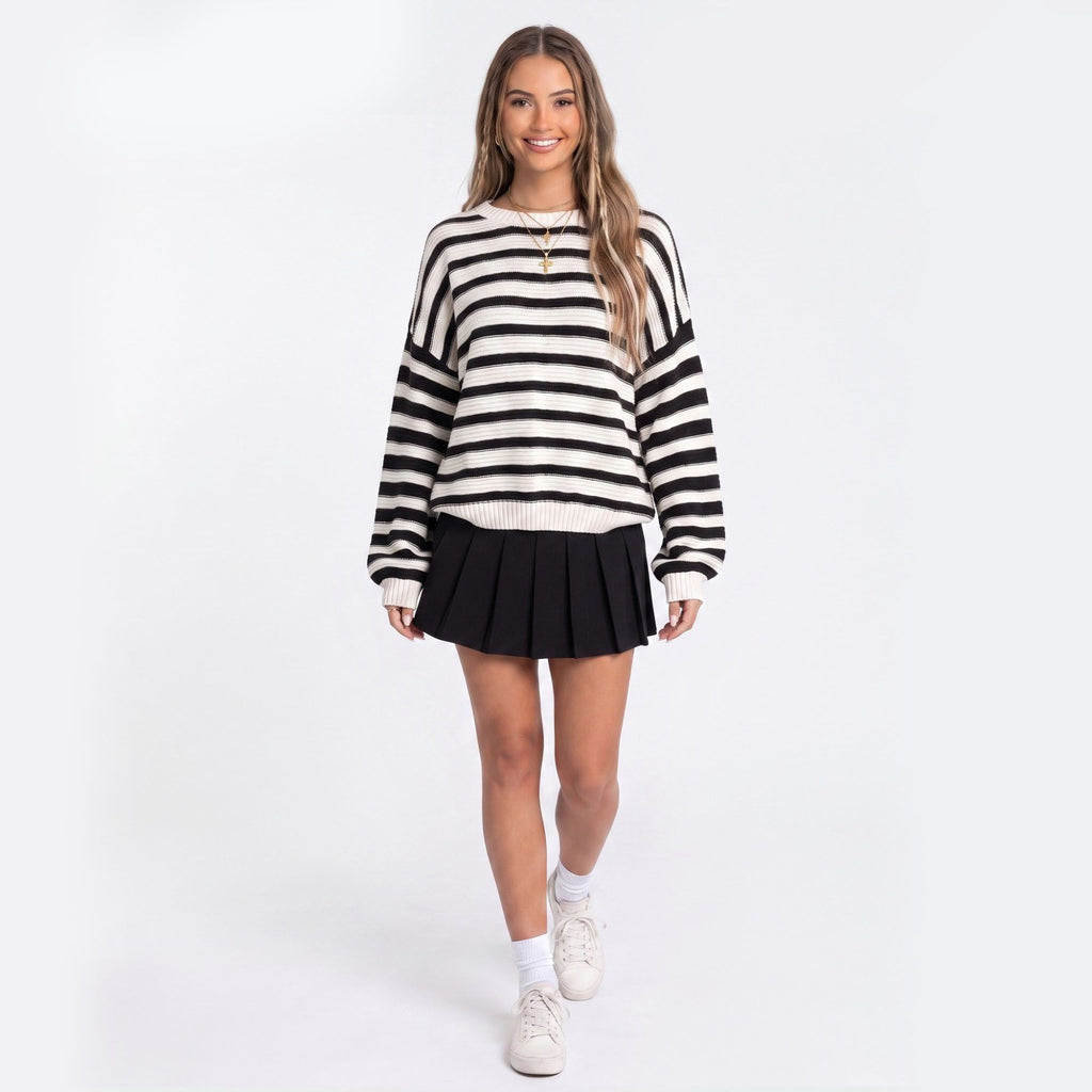 Striped Crewneck Drop-Shoulder Knit Sweater