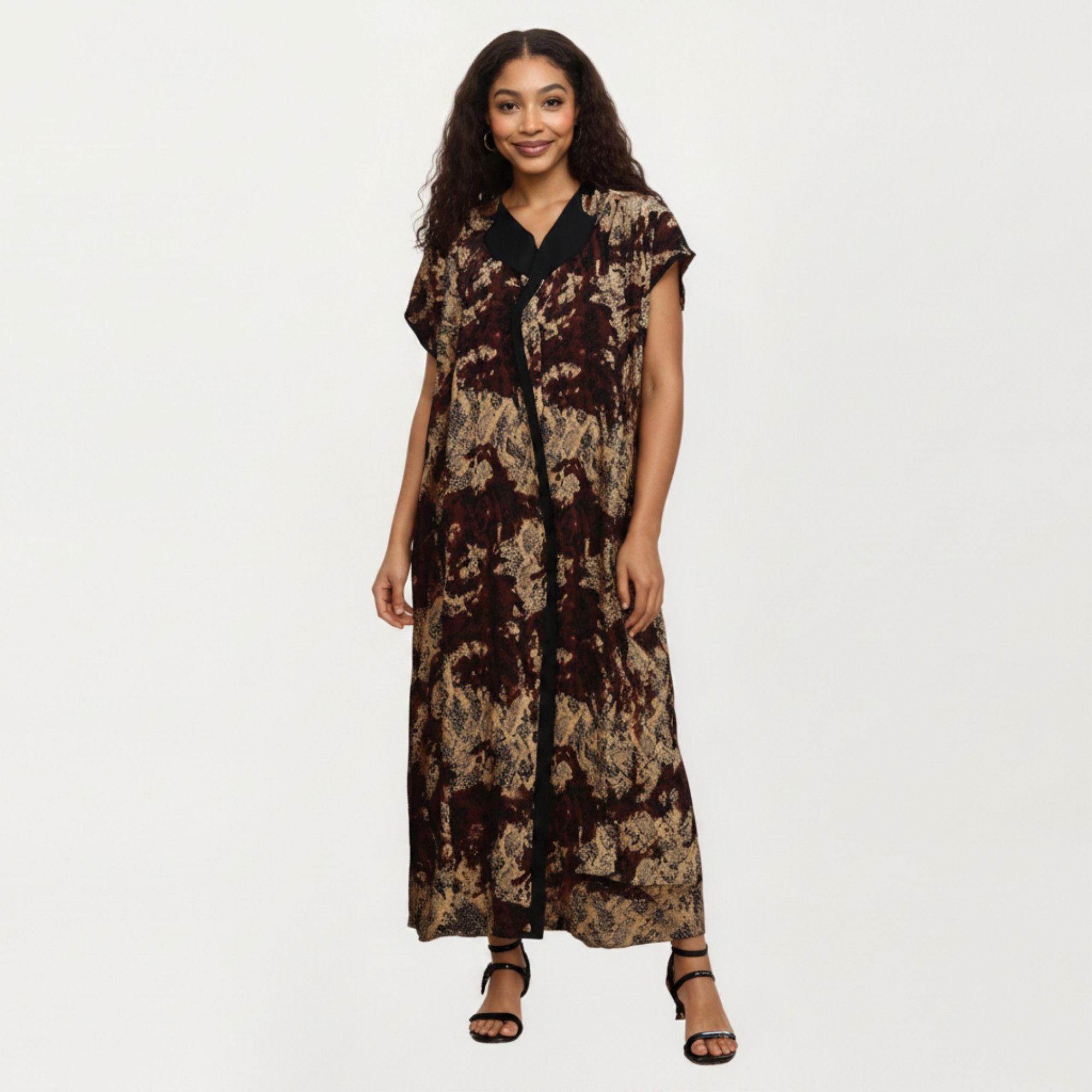 Anna-Kaci Women's Abstract Print Maxi Kaftan Dress with Contrast Trim and Relaxed Flowy Silhouette