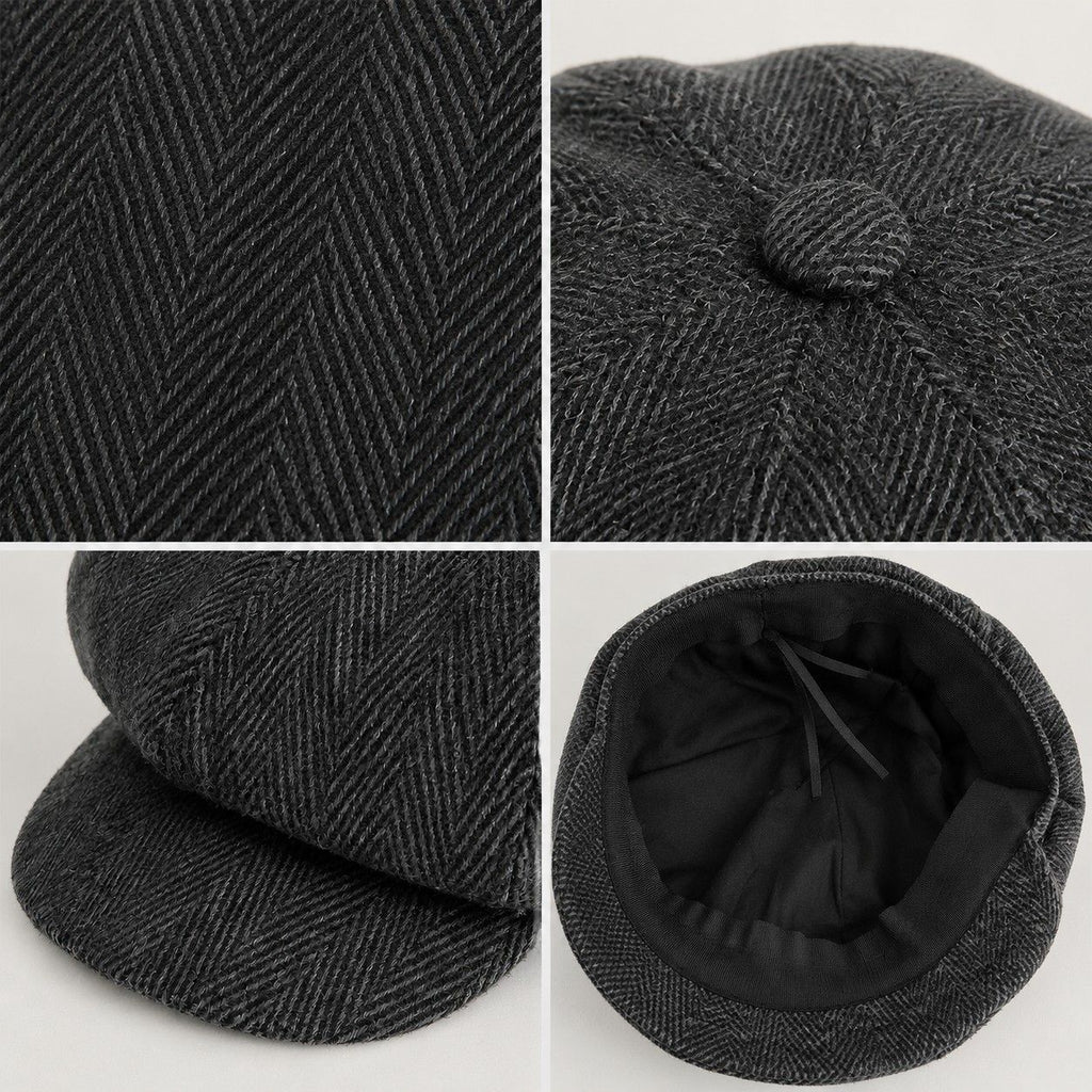Herringbone Tweed Newsboy Cap Vintage Baker Boy Hat Adjustable