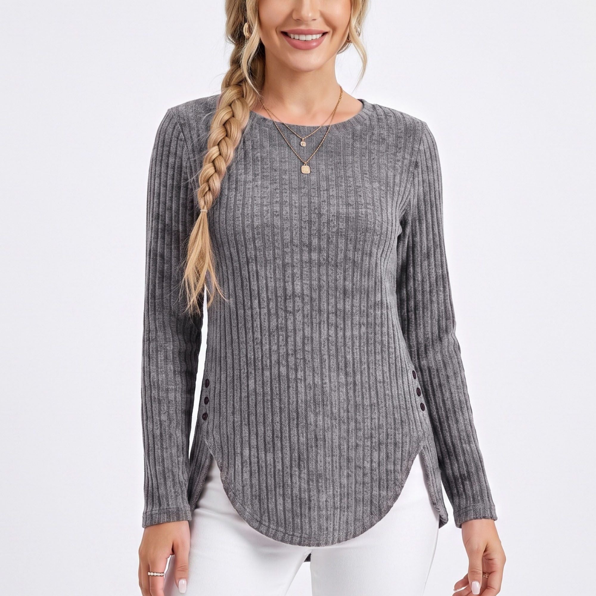 Ribbed Crew Neck Side Slit Long Sleeve Tunic Top