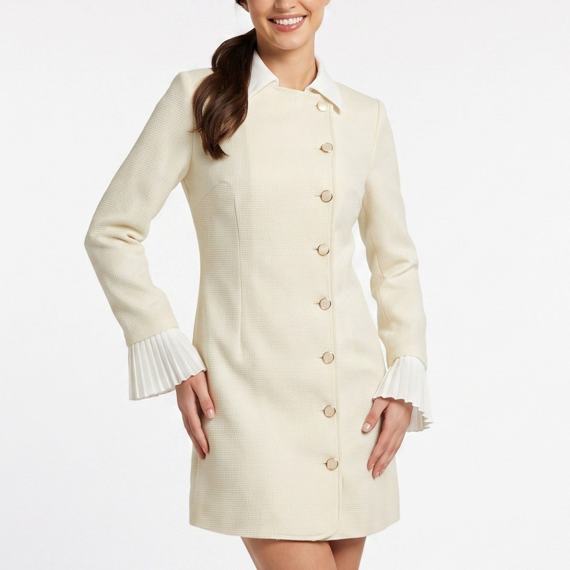 Textured Button Front Mini Dress Collared Long Sleeve Pleated Cuff Dress