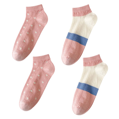 Anna-Kaci 4 Pairs Women's Low-Cut Mesh Knit Cotton Socks Cute Pattern Breathable Stretch for Everyday Casual Wear