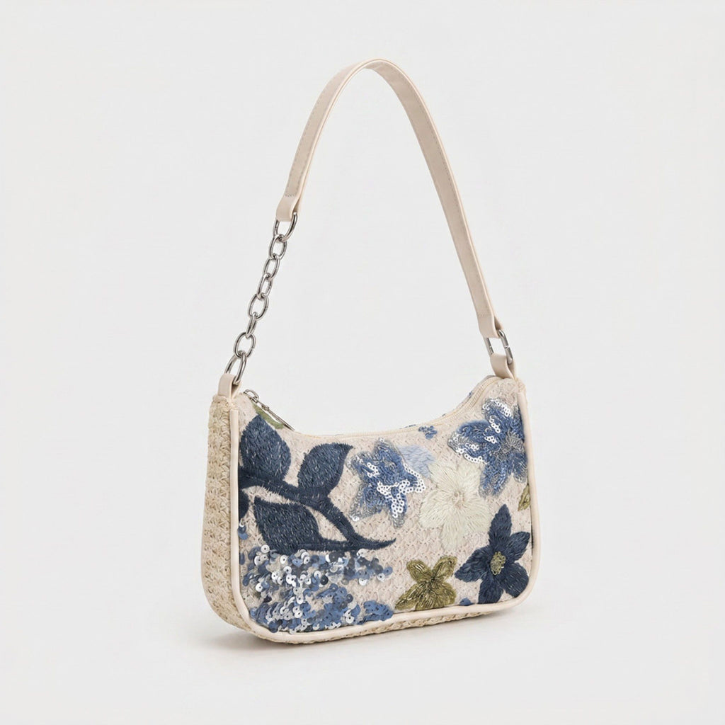 Floral Embroidered Shoulder Bag with Sequin Accents Chain Strap Detail Crescent Handbag 10x5x2.5 in