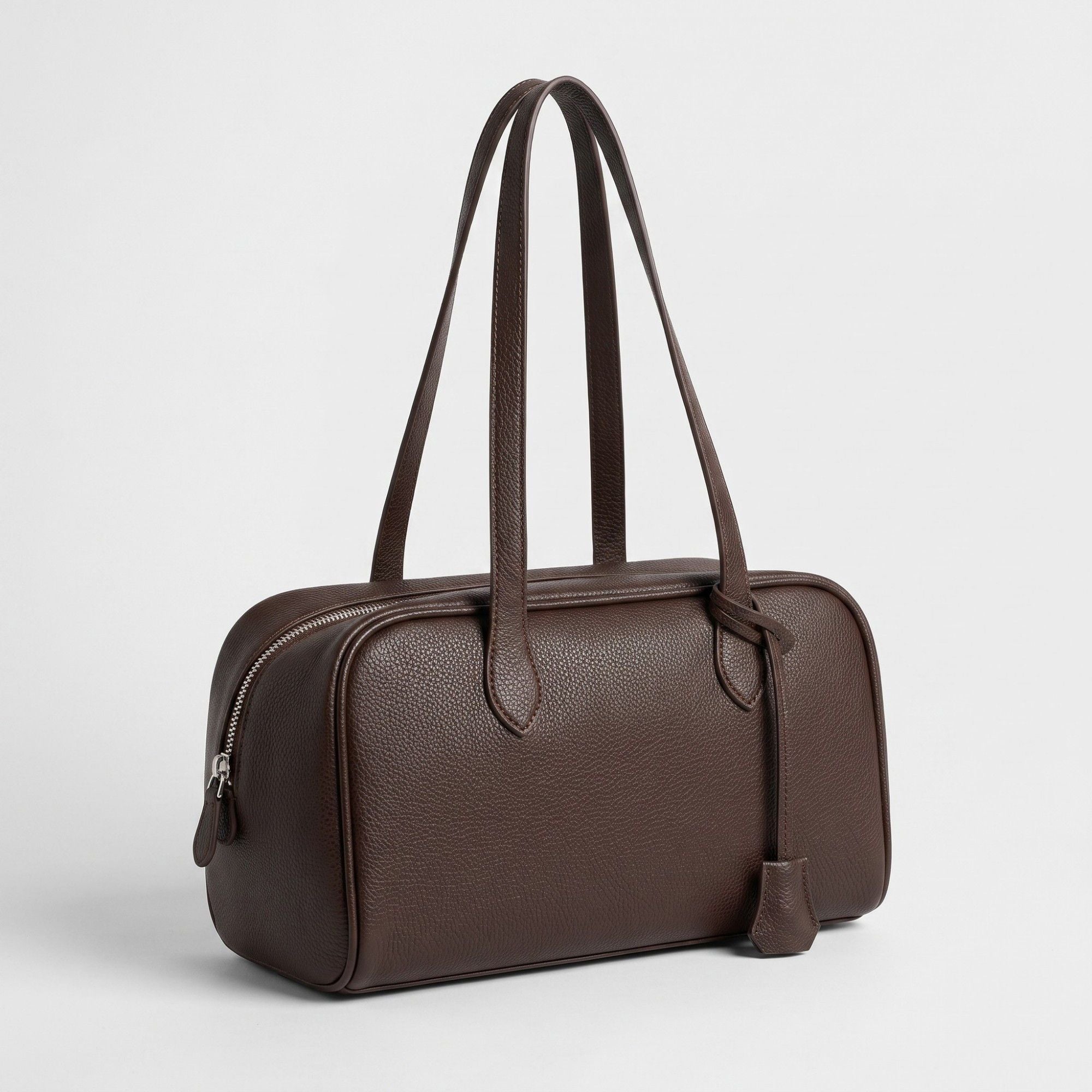 Smooth Grain Rectangular Boston Shoulder Bag with Fixed Long Top Handles & Full Zip Closure 11.8x7.1x4.7in