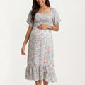 Yellow women's midi dress with floral, flutter sleeve and square neck