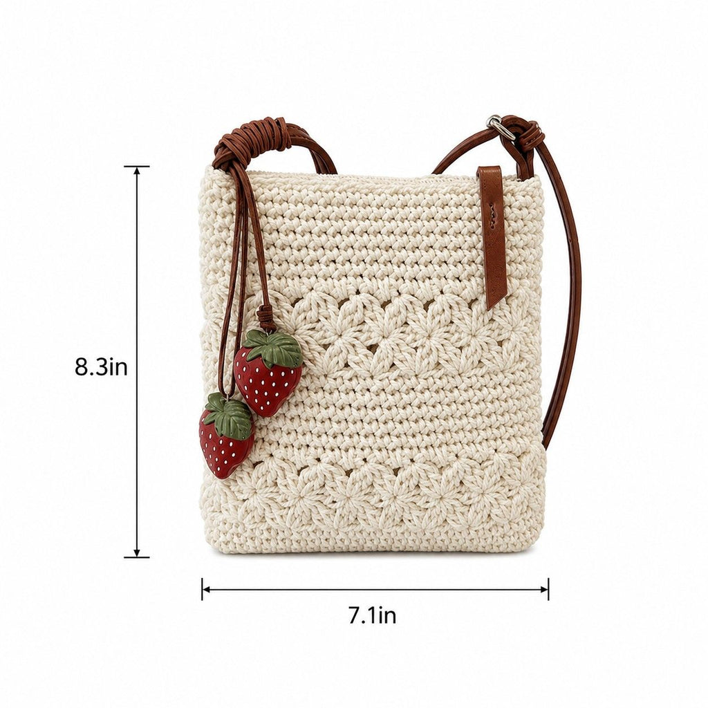 Crochet Crossbody Bag with Strawberry Charm, Adjustable Strap and Zip Closure