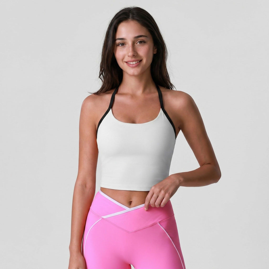 Padded Halter Sports Bra Tank Top Contrast Trim Workout Yoga Crop Top