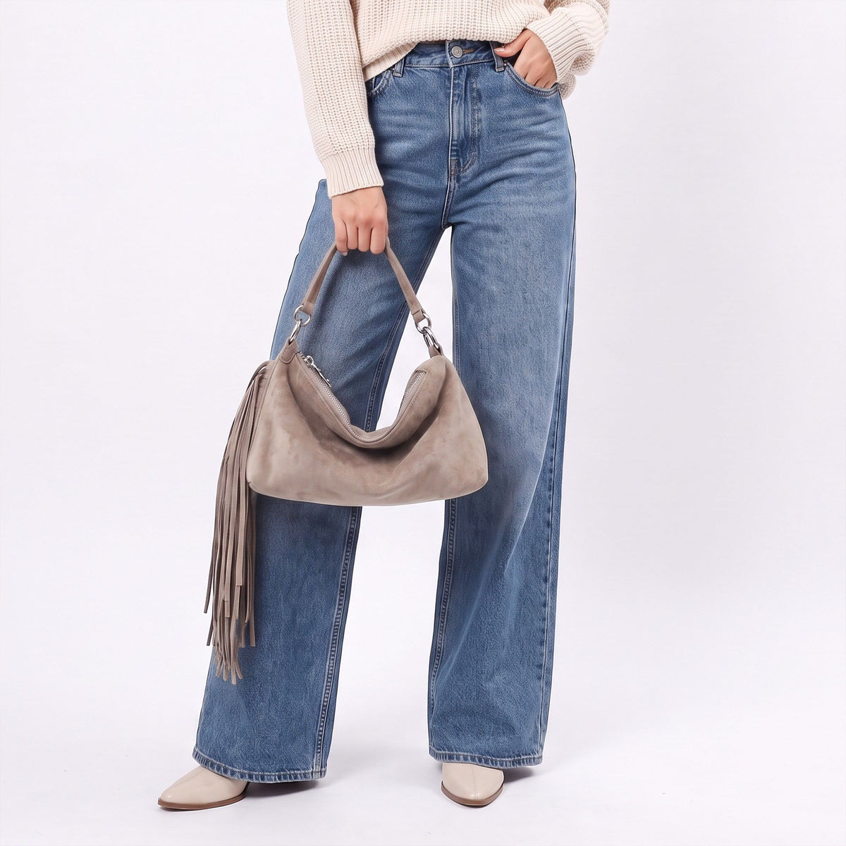 Slouchy Shoulder Handbag with Fringe Tassel and Zipper Closure