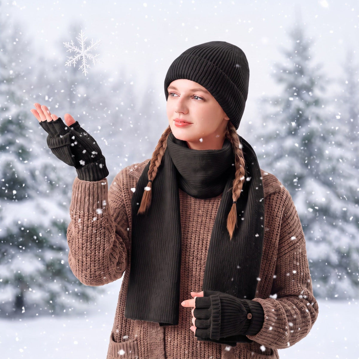 3 Piece Beanie Scarf and Convertible Fingerless Gloves Winter Set
