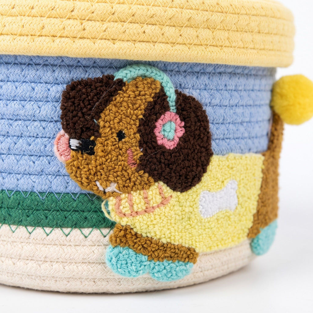 Animal Applique Woven Rope Storage Basket Lid Decorative Organizer Bin