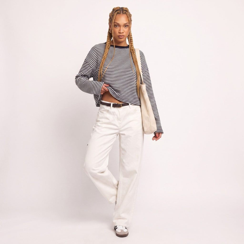 Striped Textured Knit Drop Shoulder Cropped Sweater