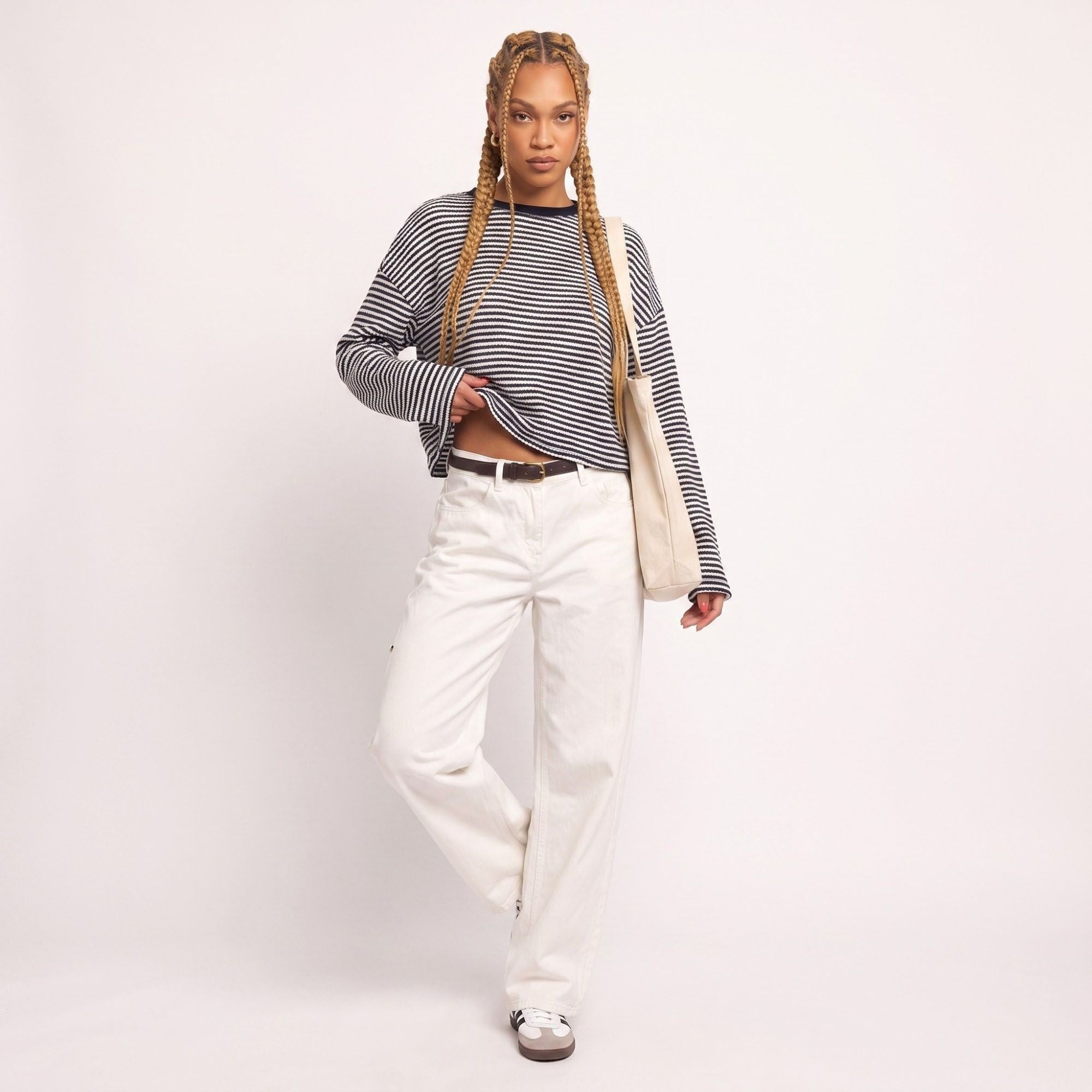 Striped Textured Knit Drop Shoulder Cropped Sweater