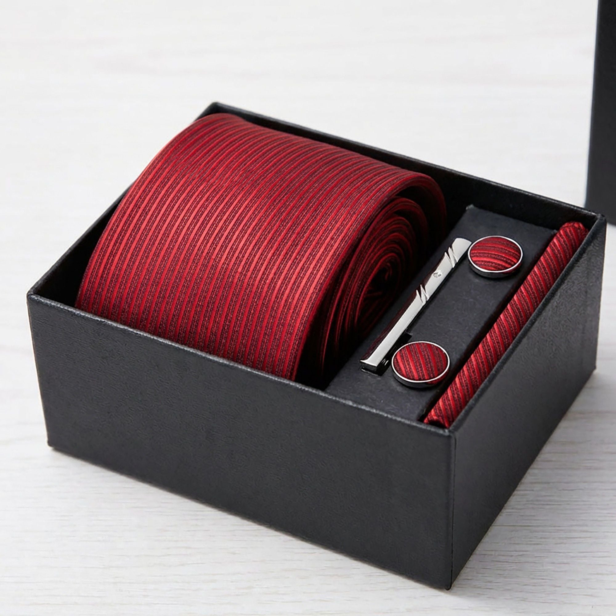 Men's Striped Tie Gift Set Necktie Pocket Square Cufflinks Tie Clip Formal Accessory Set