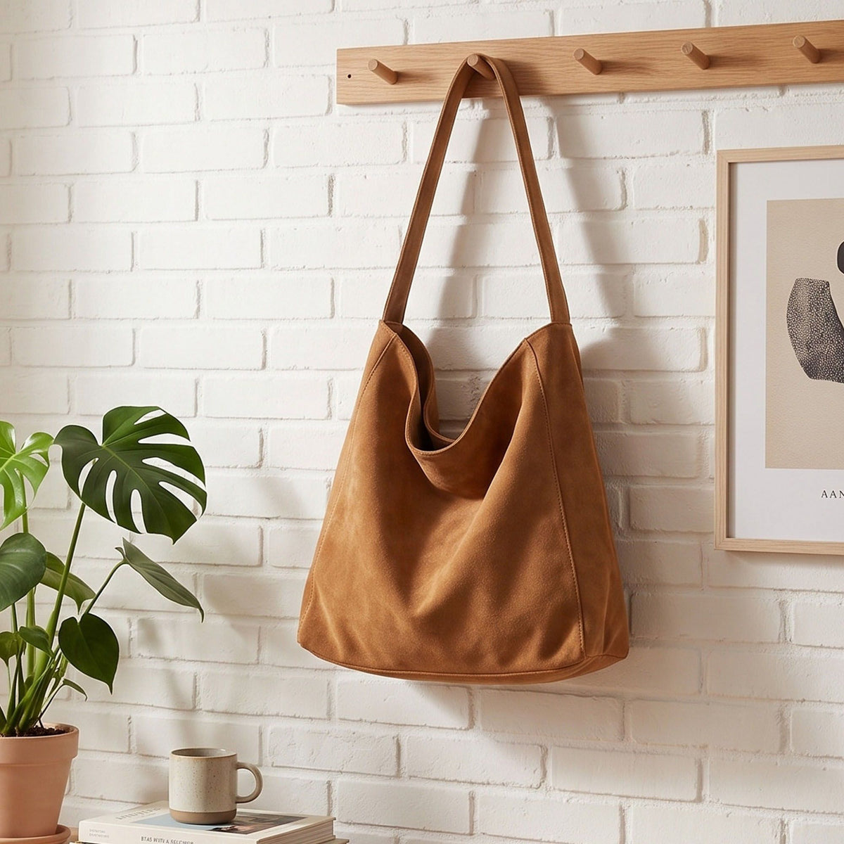 Faux Suede Hobo Shoulder Bag with Long Strap