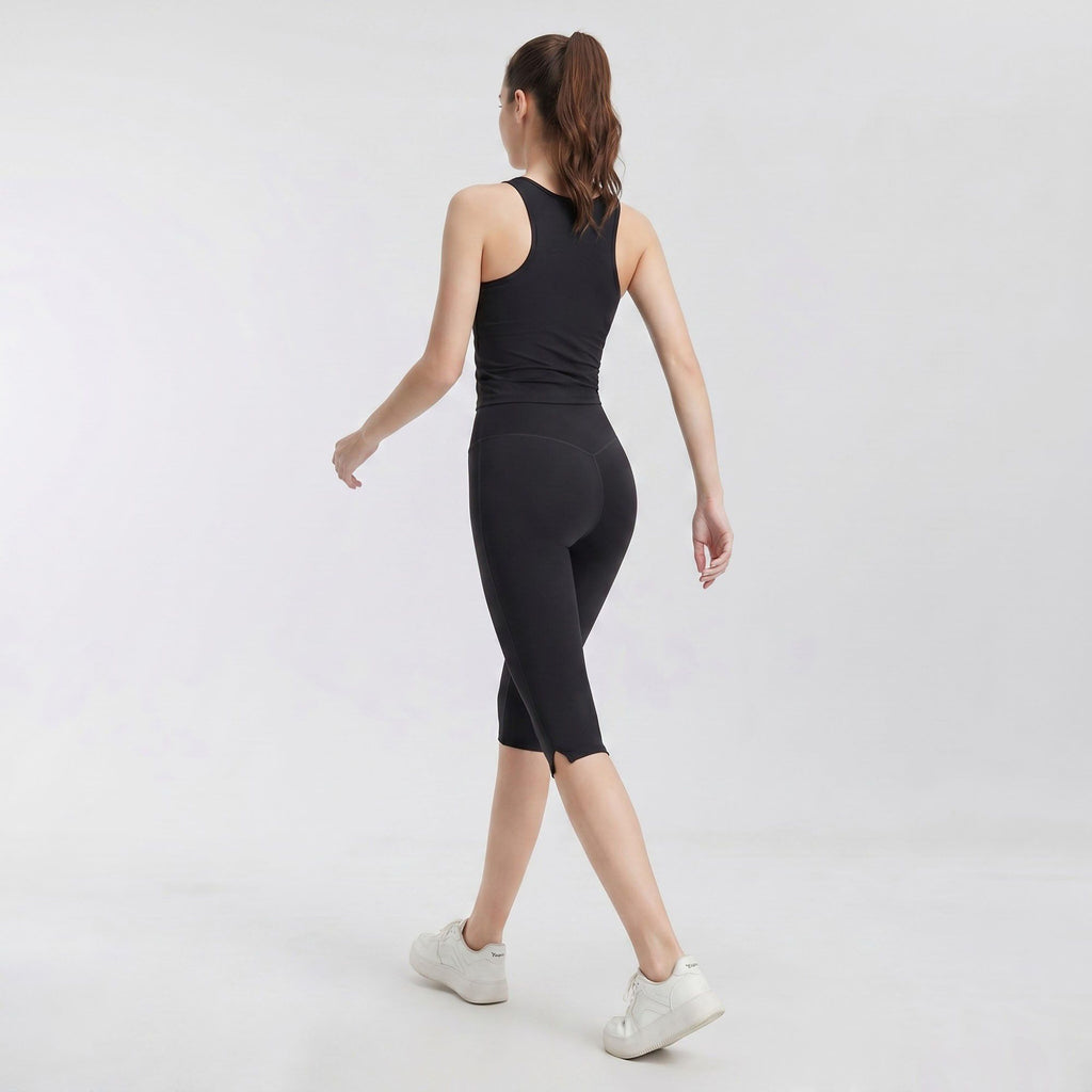 High Waist Capri Leggings with Side Slit Hem Smooth Stretch Pull On Workout Yoga Pants