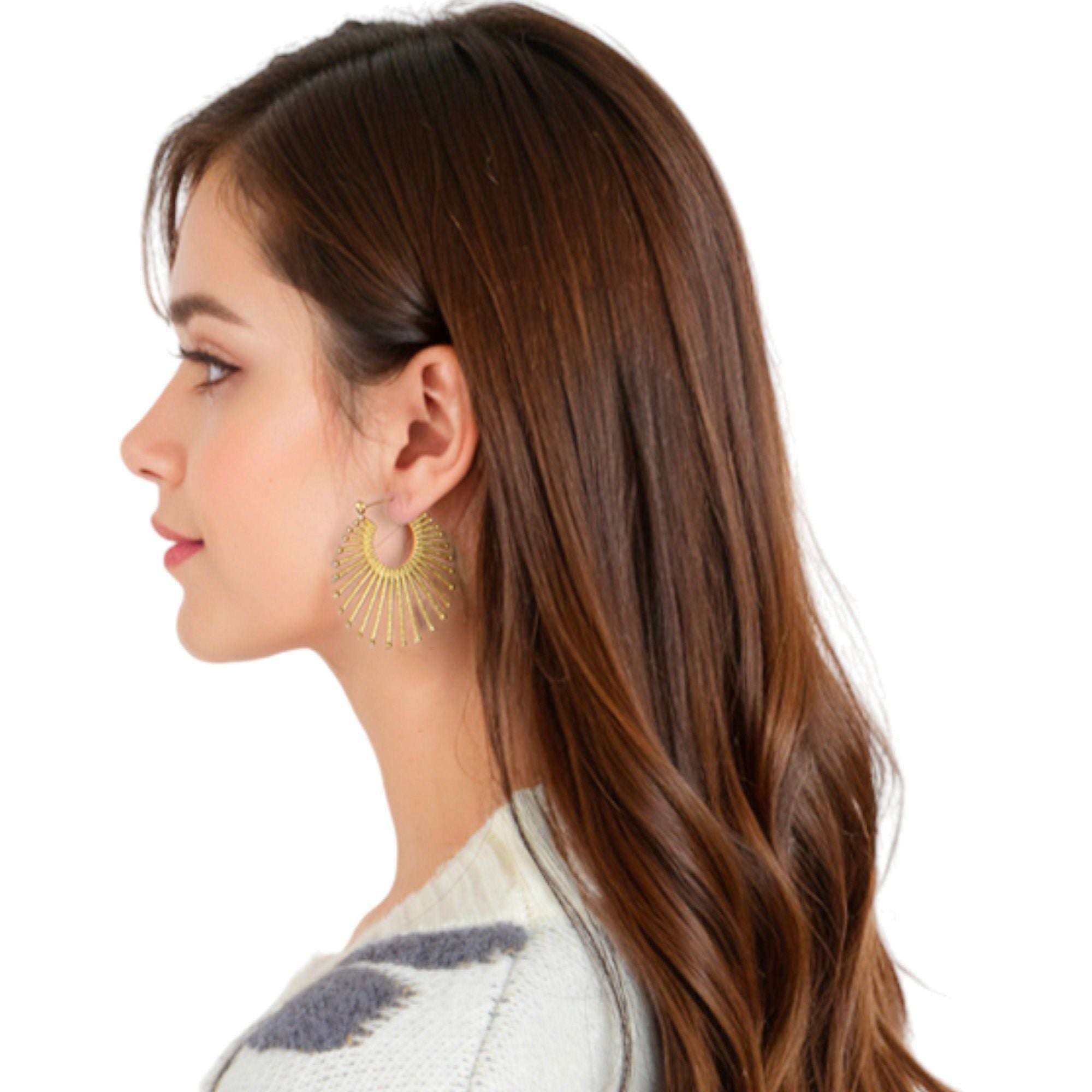 Gold Fan Hoop Fashion Earrings with Intricate Textured Detailing